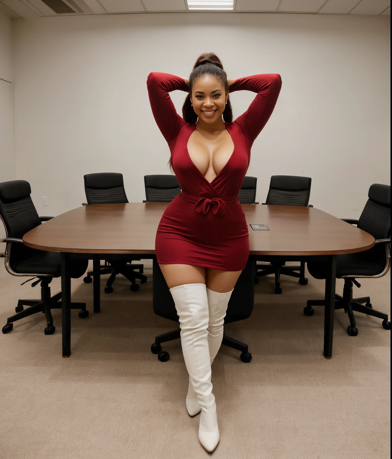 with legs up, Light skin african busty but fit black girl as corporate, red dress showing white underwear, legs spread, , full body shot, thigh high boots, red open robe showing curvy figure, ponytail hair, posing in conference room, bright sunny day, huge breasts, seductive face, smiling, look at camera and seducing expression, erotic adult face, 25 yo, volumetric lights, intricate details, (ArtStation:1.2)
