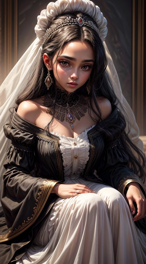 Uma princesa de 25 anos Cabelos Negros, Olhos Esmeralda Profundos, Pale, Immaculate Complexion, Estatura Altiva, Royal Clothing Highlighting Elegance, Meaningful Jewelry Determined and Kind Expression