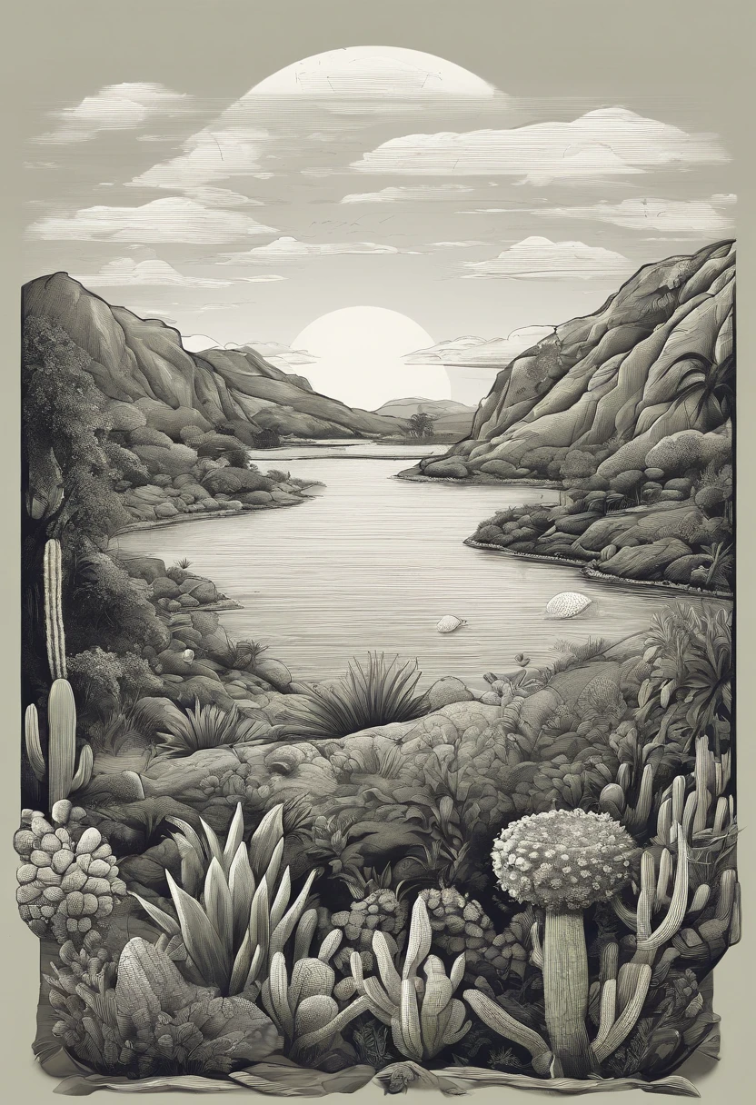 black and white animation background of the Brazilian northeastern hinterland with typical semi-arid vegetation with cacti, sun, heat, with a cartoon animal like a cat in the dreamworks style, small, Classicism, Gamine, top-down, Motion graphics, Grainy, sprite sheet, pastel colors, Happycore, film noir lighting, Ultra-realistic, highly detailed, natural lighting, ocean environment, Unity engine, 8k, intricate, Americana, Game Night, Analog photography, Unreal Engine rendering, Contrasty, sprite sheet, olive colors, Greaser, subsurface scattering lighting, High quality. xilogravura. cordel.