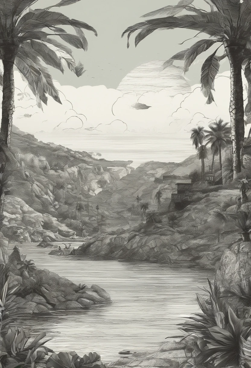 black and white animation background of the Brazilian northeastern hinterland with typical semi-arid vegetation with cacti, sun, heat, with a cartoon animal like a cat  in the dreamworks style, small, Classicism, Gamine, top-down, Motion graphics, Grainy, sprite sheet, pastel colors, Happycore, film noir lighting, Ultra-realistic, highly detailed, natural lighting, ocean environment, Unity engine, 8k, intricate, Americana, Game Night, Analog photography, Unreal Engine rendering, Contrasty, sprite sheet, olive colors, Greaser, subsurface scattering lighting, High quality. xilogravura. cordel.