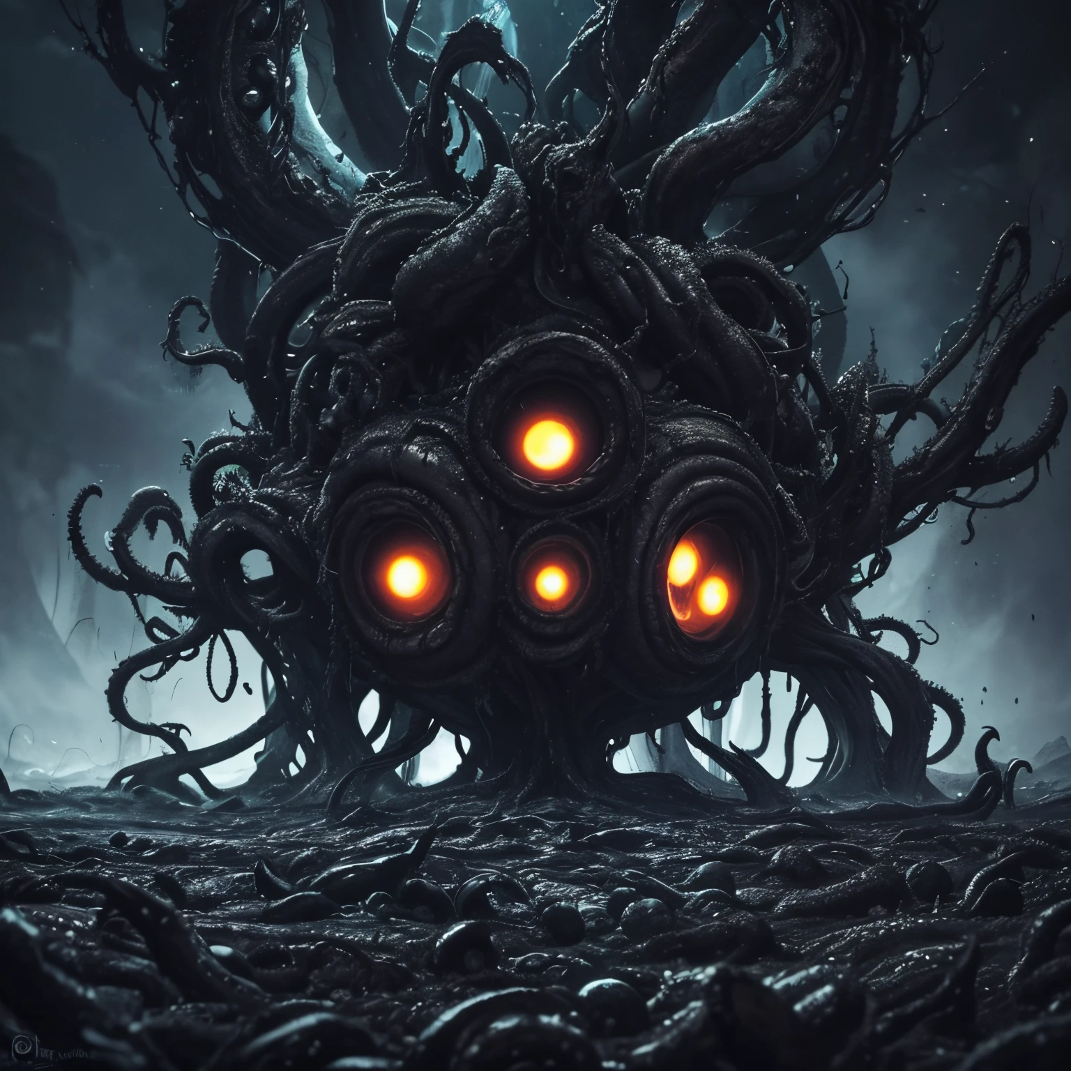 dark alien giger inspired landscape of dark oozing liquid tentacles and floating alien textured orbs, lovecraftian,visceral,nightmare,tentacles,dreadful humanoid,imagination,fantastical,dramatic,dark tones,paranormal,macro lens,surreal juxtaposition,lovecraftian,cosmic horror,horror,c'thulhu