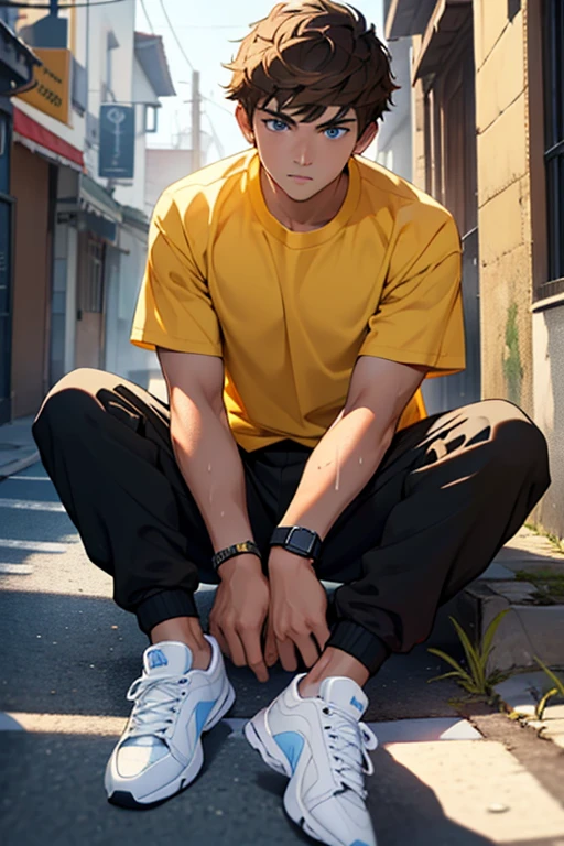 handsome man, watch viewer real 4K light and shadow, yellow shirt, black pants, Sweaty brown hair Blue eyes White socks, black sneakers.