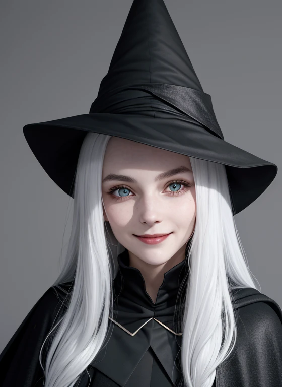 a close up of a 20 year old female wizard. wearing a long black cape. wearing a black dress. Black clothes. Wearing a pointed witches hat on head. half of her face is in shadow. white background. Body Facing straight on to camera. Eyes looking straight at camera. Face straight on to camera. Friendly face. Smiling face.. White hair.