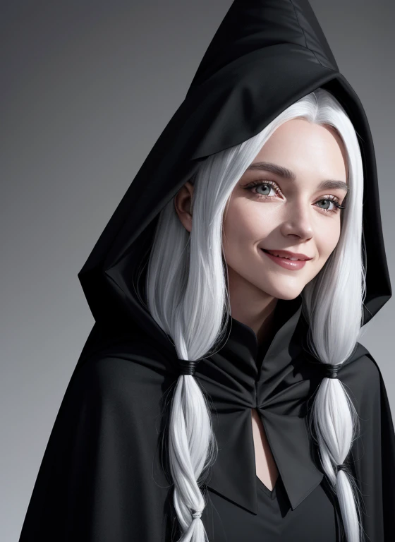 a close up of a 20 year old female wizard. wearing a long black cape. wearing a black dress. Black clothes.  Wearing a pointed witches hat on head. half of her face is in shadow. white background. Body Facing straight on to camera. Eyes looking straight at camera. Face straight on to camera. Friendly face. Smiling face.. White hair.