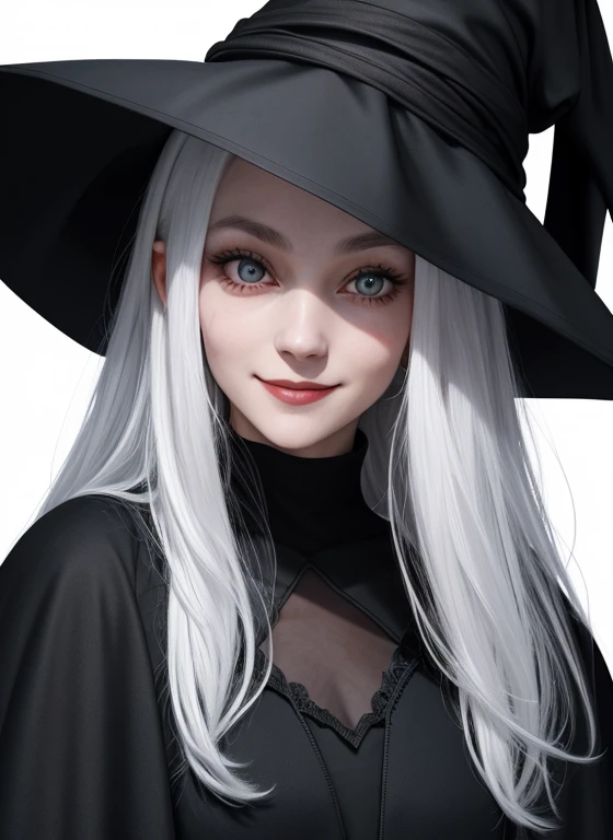a close up of a 20 year old female wizard. wearing a long black cape. wearing a black dress. Black clothes.  Wearing a pointed witches hat on head. half of her face is in shadow. white background. Body Facing straight on to camera. Eyes looking straight at camera. Face straight on to camera. Friendly face. Smiling face.. White hair.