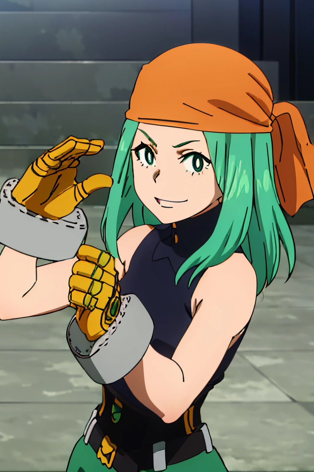 EMI FUKUKADO, LONG HAIR, (GREEN EYES:1.5), (BRIGHT PUPILS:1.5), GREEN HAIR, SKIRT, SHIRT, GLOVES, BARE SHOULDERS, SCHOOL UNIFORM, WHITE SHIRT, SLEEVELESS, BELT, BANDANA, ORANGE GLOVES, 1girl, solo, upper body, facing viewer, looking at viewer, smile,