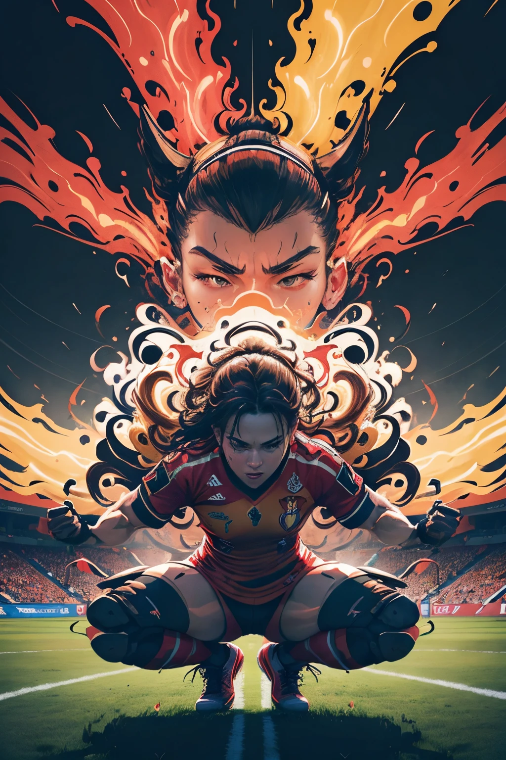 (best quality,4k,highres,masterpiece:1.2),ultra-detailed,realistic,portrait,abstract art,Belgium women u23 VS Portugal women u23,red flames,football match, vibrant colors, dynamic composition, dramatic lighting, energy, passion, intense competition, skillful players, the clash of two national teams, patriotic spirit, flags waving, cheering fans, stadium ambiance, roaring crowd,frenzied atmosphere,celebratory atmosphere, thrilling moments, intense game tactics, powerful kicks, agile movements, determined facial expressions,focus and concentration, electrifying energy, artistic representation of the players, fluid movements, speed, sportsmanship, teamwork, intense rivalry, determination, competitive spirit, epic battle, iconic match, extraordinary skills, fast-paced action, suspenseful moments, anticipation, adrenaline rush, powerful emotions, breathtaking saves, goal-scoring opportunities, fierce tackles, victory celebration, elation, triumph