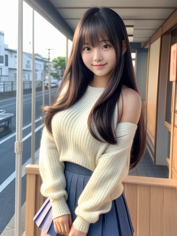 Product quality, 1 girl, Shot from the knee up, Front view, 15 year old cute girl in Japan, shiny smooth long hair, Glamorous figure, ((Upper body naked)), Standing indoors with a big smile, hyper cute face, Glossy lips, double eyelids for both eyes, Natural makeup, , asymmetrical bangs, Tanned skin,、central image, High resolution, high detailing, detailed hairstyle, Detailed face, Cinematic lighting, Octane Rendering, Vibrant, Hyper realistic, Perfect limbs, Perfect Anatomy,Knitted miniskirt