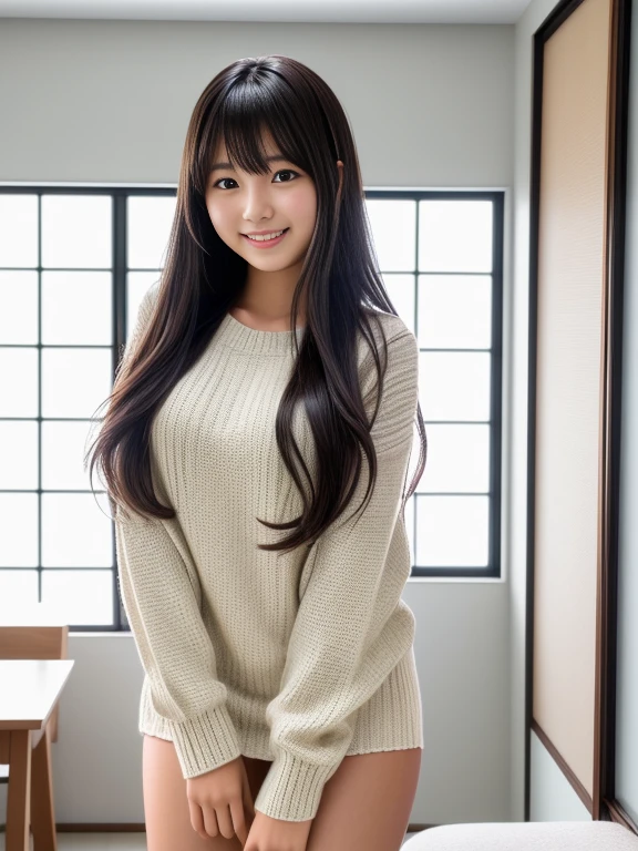 Product quality, 1 girl, Shot from the knee up, Front view, 15 year old cute girl in Japan, shiny smooth long hair, Glamorous figure, ((Upper body naked)), Standing indoors with a big smile, hyper cute face, Glossy lips, double eyelids for both eyes, Natural makeup, , asymmetrical bangs, Tanned skin,、central image, High resolution, high detailing, detailed hairstyle, Detailed face, Cinematic lighting, Octane Rendering, Vibrant, Hyper realistic, Perfect limbs, Perfect Anatomy,Knitted miniskirt