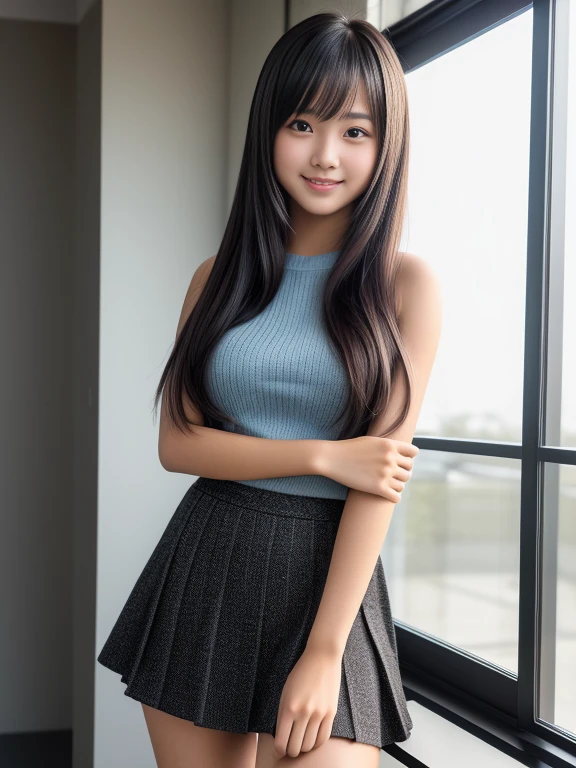 Product quality, 1 girl, Shot from the knee up, Front view, 15 year old cute girl in Japan, shiny smooth long hair, Glamorous figure, ((Upper body naked)), Standing indoors with a big smile, hyper cute face, Glossy lips, double eyelids for both eyes, Natural makeup, , asymmetrical bangs, Tanned skin,、central image, High resolution, high detailing, detailed hairstyle, Detailed face, Cinematic lighting, Octane Rendering, Vibrant, Hyper realistic, Perfect limbs, Perfect Anatomy,Knitted miniskirt