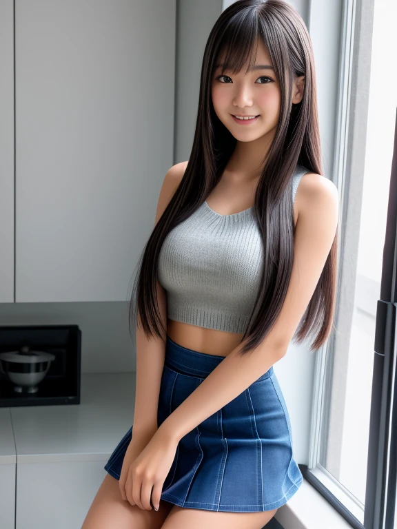 Product quality, 1 girl, Shot from the knee up, Front view, 15 year old cute girl in Japan, shiny smooth long hair, Glamorous figure, ((Upper body naked)), Standing indoors with a big smile, hyper cute face, Glossy lips, double eyelids for both eyes, Natural makeup, , asymmetrical bangs, Tanned skin,、central image, High resolution, high detailing, detailed hairstyle, Detailed face, Cinematic lighting, Octane Rendering, Vibrant, Hyper realistic, Perfect limbs, Perfect Anatomy,Knitted miniskirt