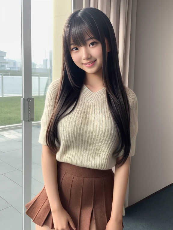 Product quality, 1 girl, Shot from the knee up, Front view, cute girl in Japan, shiny smooth long hair, Glamorous figure, ((Upper body naked)), Standing indoors with a big smile, hyper cute face, Glossy lips, double eyelids for both eyes, Natural makeup, , asymmetrical bangs, Tanned skin,、central image, High resolution, high detailing, detailed hairstyle, Detailed face, Cinematic lighting, Octane Rendering, Vibrant, Hyper realistic, Perfect limbs, Perfect Anatomy,Knitted miniskirt