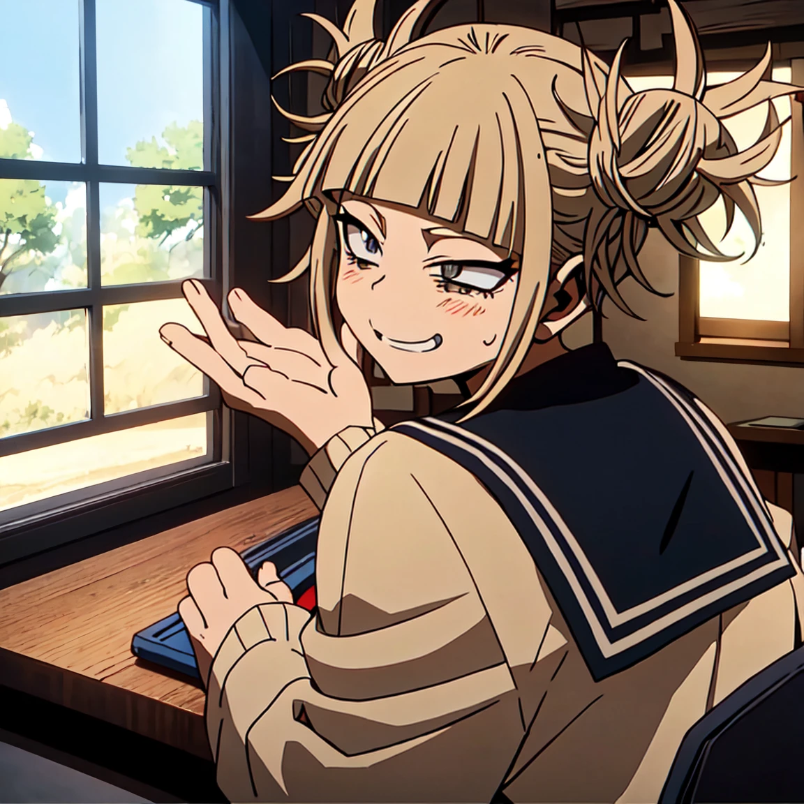 Himiko toga,my hero academia,(masutepiece, best quality:1.2)、realista、fofo、kawaii、Arte Digital、Inocente  de 18 anos、(Menina trem lotado)、(Fique na porta)、(Girl looking out of the back door)、(Hands on the window glass)、Enorme teto、ふっくらと、Serafuku、vestido de marinheiro、Uniforme de marinheiro、Mini saia plissada azul marinho、calcinha branca、(Meias brancas、mocassins pretos)、Black school bag on the floor、brown hair、cabelos longos lisos volumosos、cabelos brilhantes、(Costas)、(view from behind)、corpo inteiroesbian、(de baixo:1.4)、foco na bunda、(tiro de calcinha)、Desviando o olhar、CURIOSIDADE々Sorria para