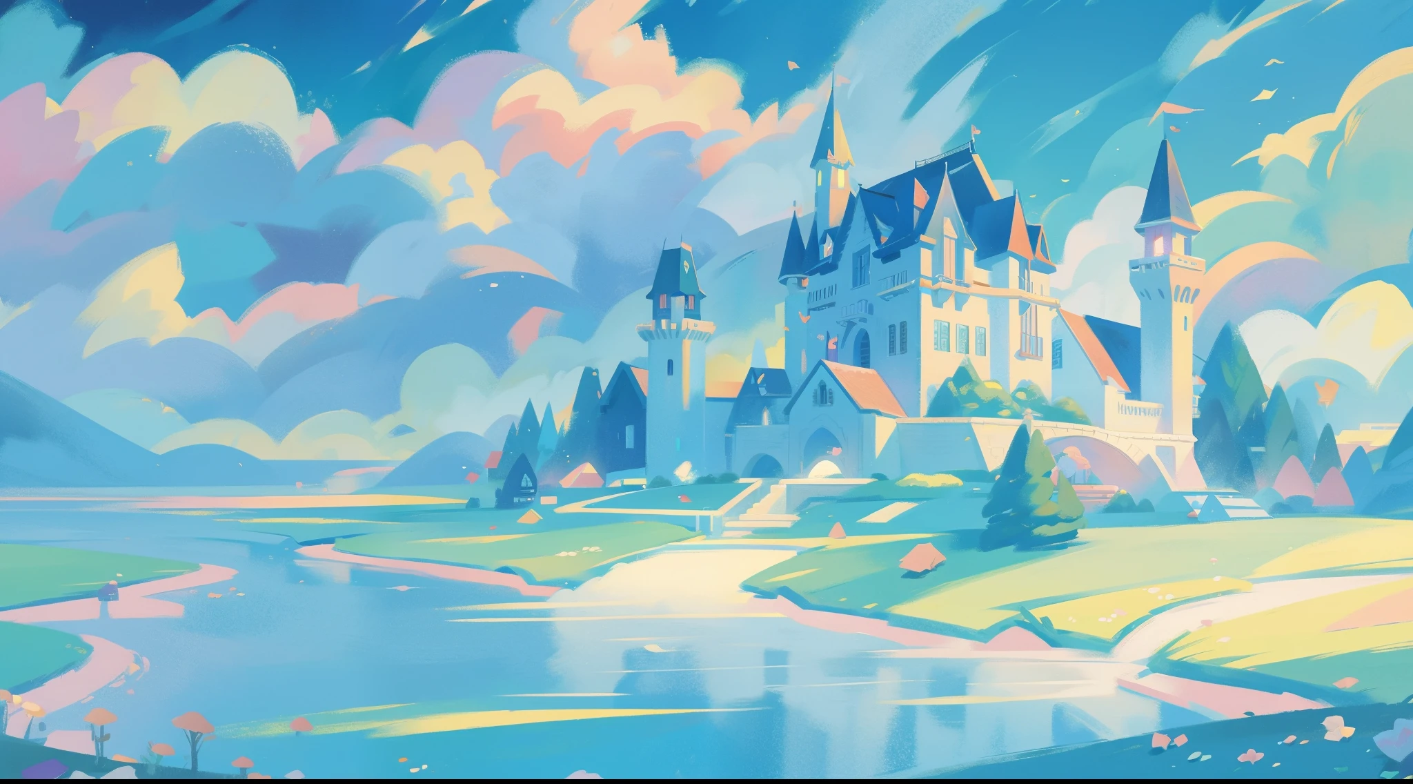 picture book illustration, watercolor storybook illustration, princess castle, fairytale castle, fairytale towers, clouds, vibrant pastel colors, dream, colorful, whimsical, magical, masterpiece, best quality, sharp focus, intricately detailed environment, fine detail, 8k resolution