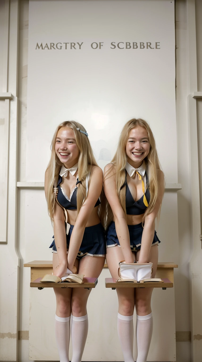 2 full body twins, long blonde hair, white skin, beautiful schoolgirls, long blonde hair, (fantasy library background), erotic photoshoot, bent over a desk, from front side, sexy uniform, shackles on legs, cow bell on neck, happy face, looking to the viewer. masterpiece