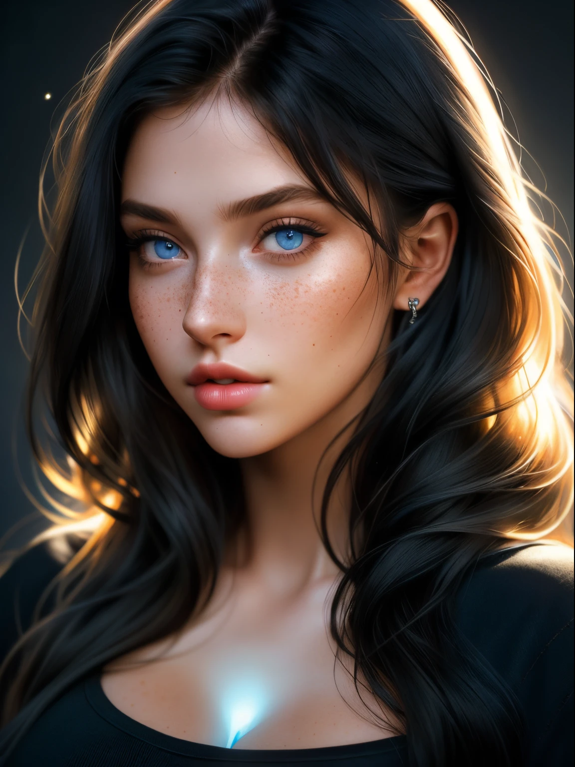 color photograph, close-up, ((a realistic photo of a beautiful girl)), (milalc), light, ((glowy skin)), looking_at_viewer, (fit body:1.0), ((large breasts)), long hair, detailed illustration, masterpiece, high quality, realistic, very detailed face, freckles, black hair, blue eyes, black shirt