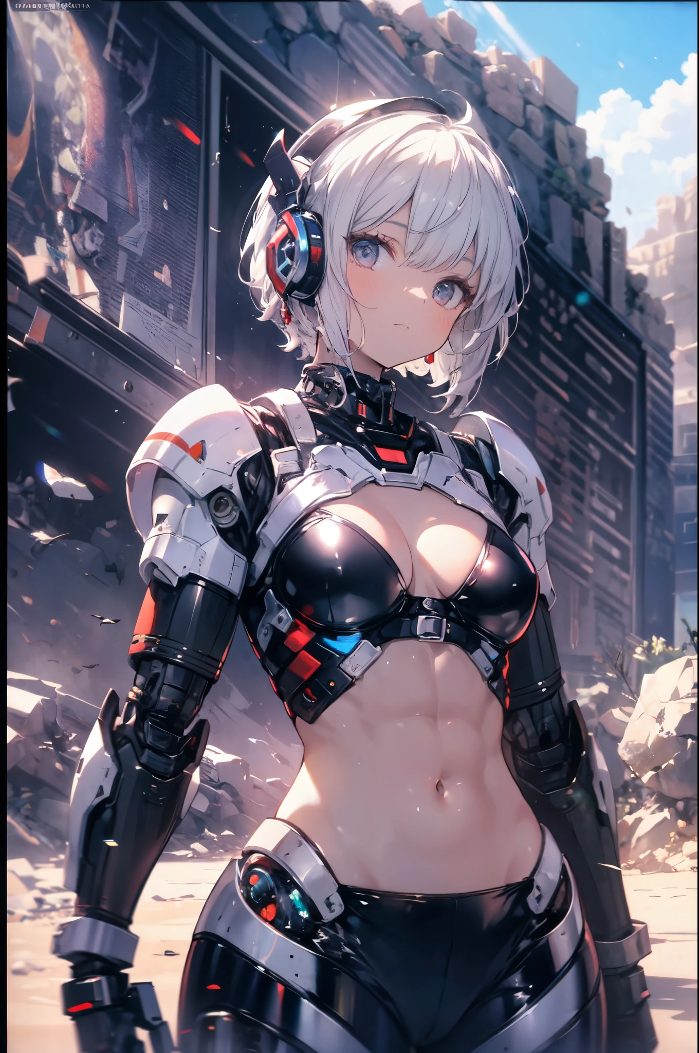 masterpiece, concept art, a woman in a leather outfit posing for a picture, a character portrait, featured on deviantart, standing in the desert, cyborg - girl with silver hair, abdominal muscles, neo - gypsy caravan, diablo - 3, mohawk haircut, tactical squads :9, abdomen, movie photo, droid, beautiful iranian woman, abs, epic composition, epic proportion, HD