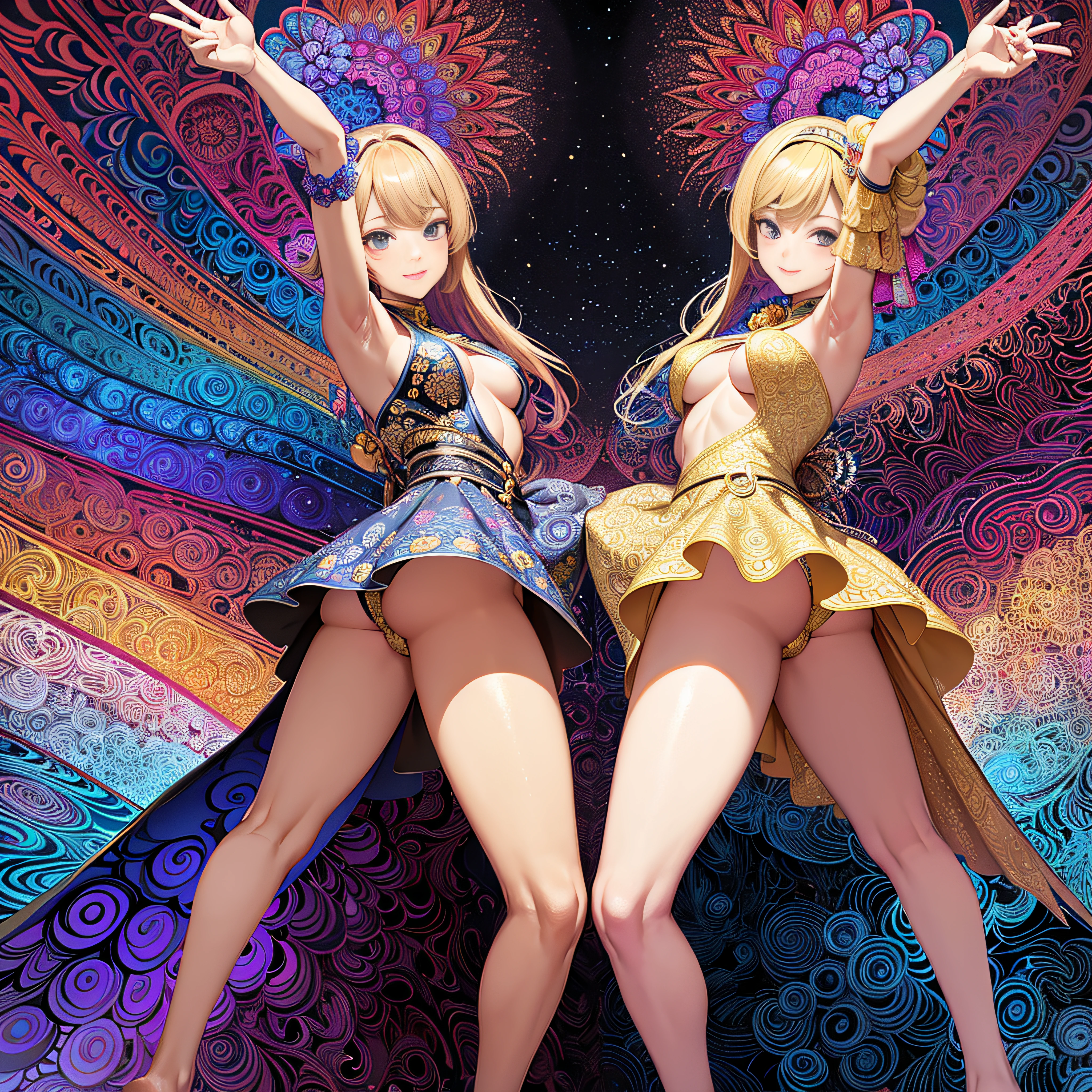 (masutepiece, of the highest quality, Best Quality, Official art, Beautiful and aesthetic:1.2), (1girl in:1.3), Extremely detailed,(Fractal Art:1.2),Colorful,highest details,(Zentangle:1.2), (Dynamic Pose), (Abstract background:1.5), (Congressional Dresses:1.2), (Shiny skin), (Many colors:1.4), Upper body, Thin gauze, Off-the-shoulder, blooming flower field, Glowing skin, lightsmile, Camel toe, Sexy, Bust, nakeness,From below,Ass Up wAIT