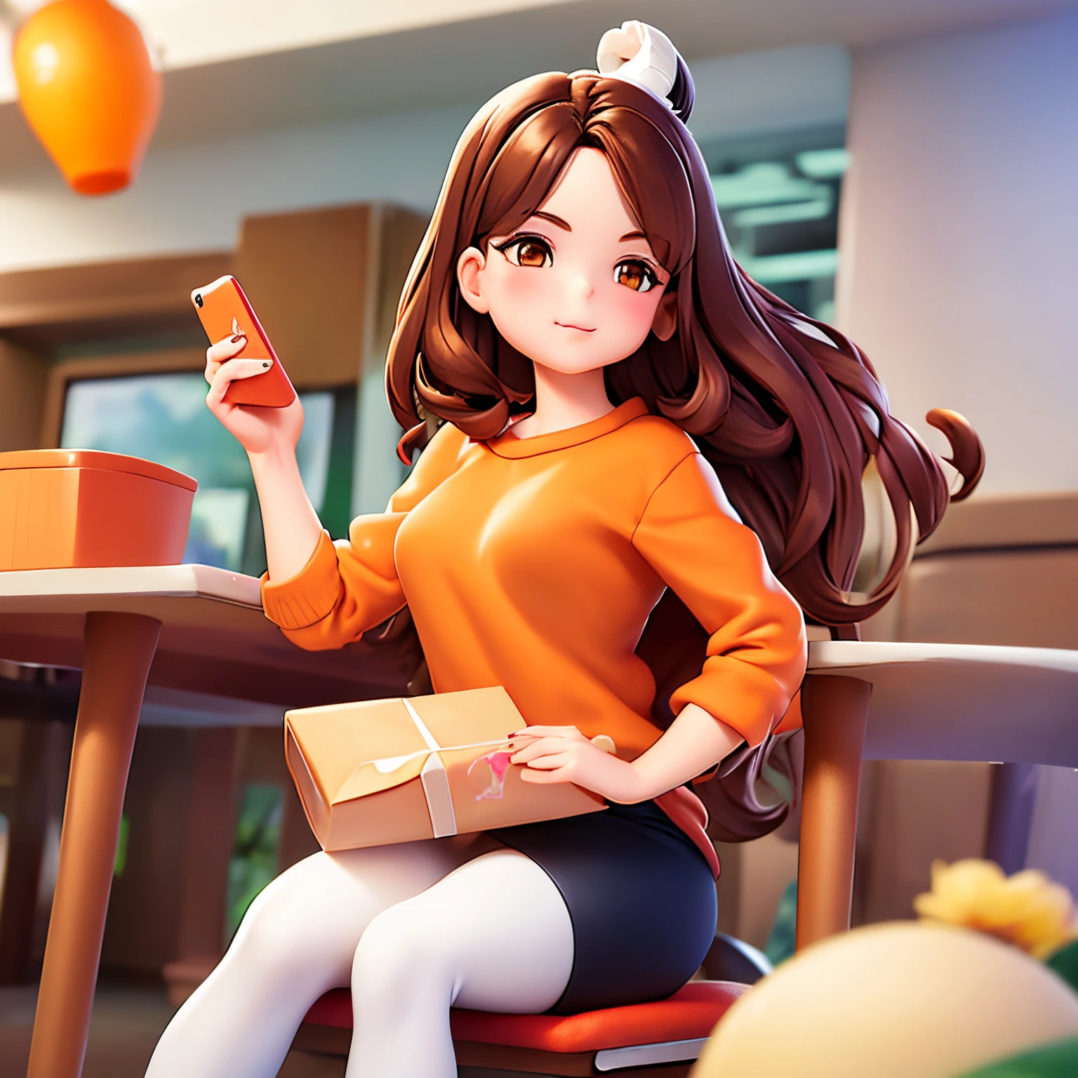 Disney drawing of a beautiful 25 year old white Calcasian girl, (((orange background))), ((sitting in a chair)), ((showing working with cell phone in hand))), (( making a delivery among of a white and orange van)), (side view), beautiful and angelic face, Medium brown hair, brown eyes and light shadow, ((Wearing black pants and a plain white dress shirt below the waist)), great style of fashion, looking at you ((with anime eyes)) loving anime eyes and a soft, infectious smile, blurred background, depth of field, Cinematic light, soft light, micro-details, rendered disney style drawing template,