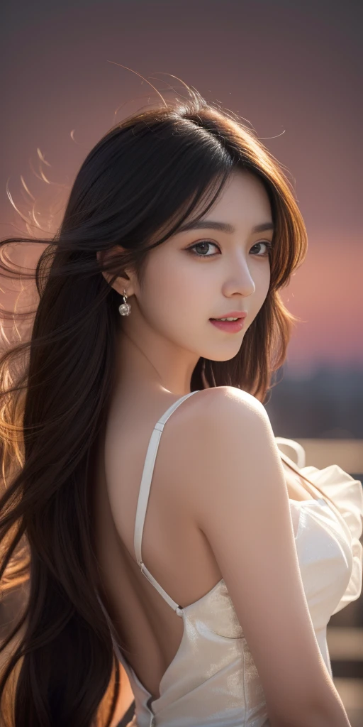 masterpiece, best quality, unity 8k wallpaper, ultra highres, high resolution, professional, ultra realistic, photorealistic, raw photo, insanely detailed, 4K, 8K, 16K, 64K, 1girl, solo, smile, elegant, beautiful, aesthetic, attractive, romanticism, beauty, like a k-pop idol, beautiful detailed face, small face, beautiful detailed eyes, (brown eyes), cat eyes, pale skin, beautiful detailed skin, detailed texture, sheer-black long hair, (hair blowing in the wind), ((detailed long hair)), soft curves, enchanting elegance, luminous radiance, elegant attire, captivating grace, irresistibly tempting, understated appeal, striking juxtapositions, evocative hues, vivid illumination, creative refinement, striking juxtapositions, evocative hues, captivating coloration, dramatic lighting, random highly detailed backgrounds, depth of field,