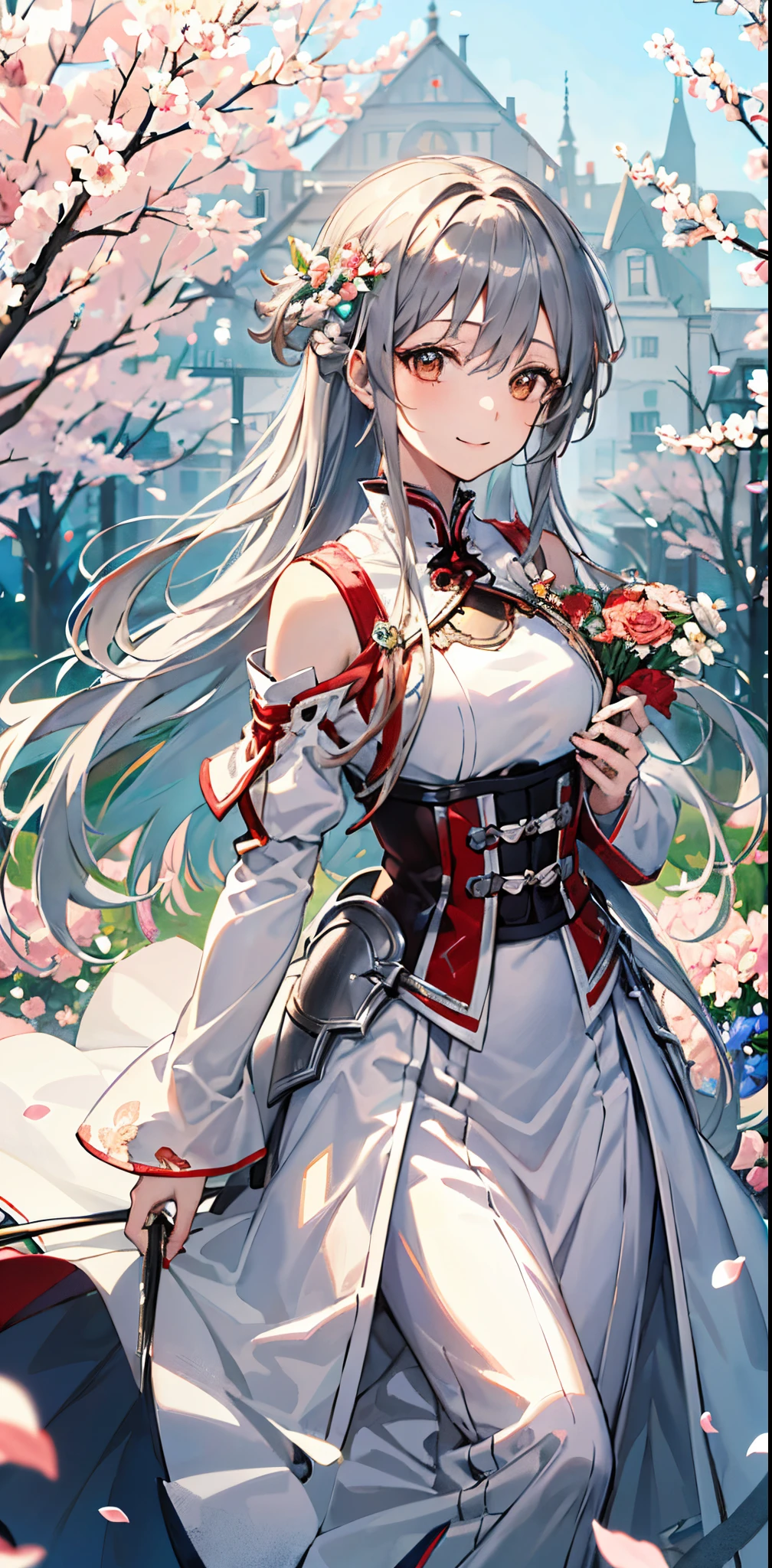 (​masterpiece、top-quality、illustratio、Extremely high quality、high-level image quality、Extremely sensitive writing)Girl with long silver hair standing in beautiful flowery garden、A slight smile、She has a large bouquet、Cute national costume style dress with ruffles on the shoulders、Hair fluttering in the wind, asuna yuuki,