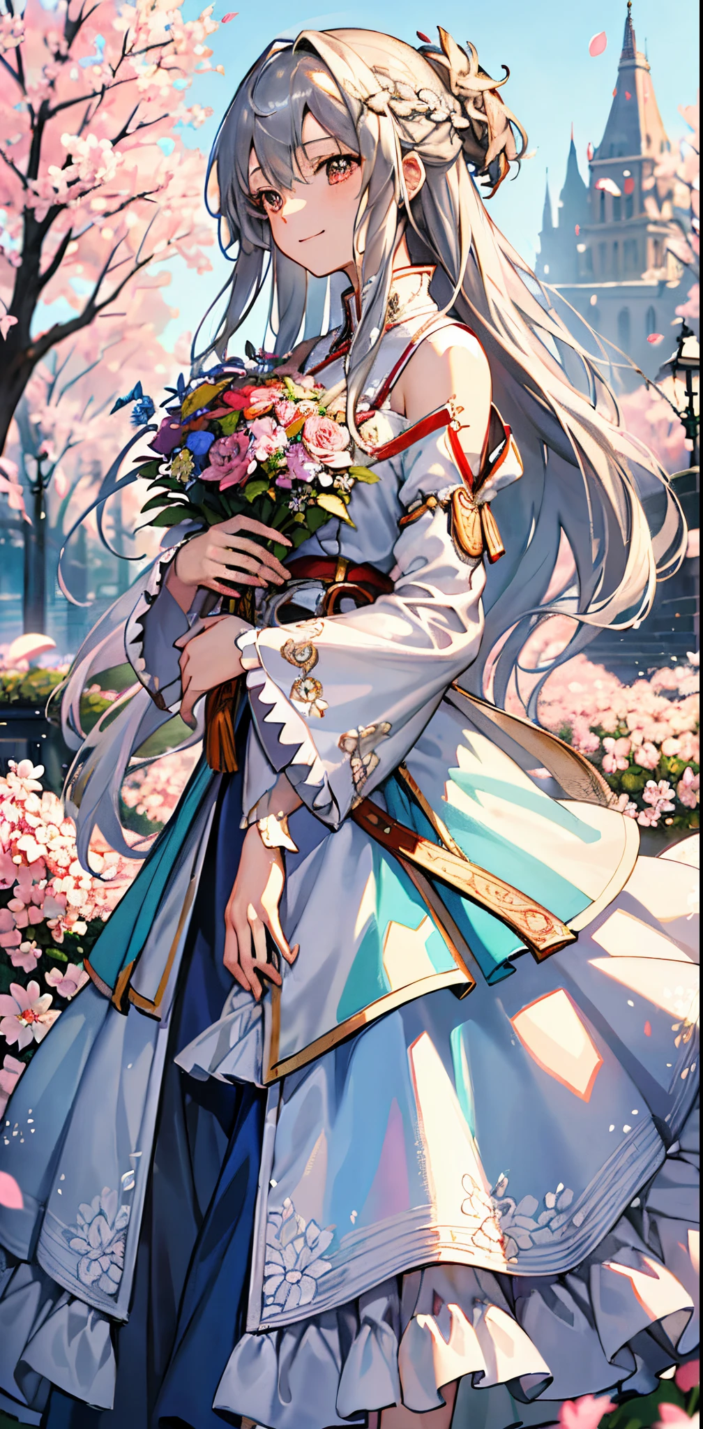 (​masterpiece、top-quality、illustratio、Extremely high quality、high-level image quality、Extremely sensitive writing)Girl with long silver hair standing in beautiful flowery garden、A slight smile、She has a large bouquet、Cute national costume style dress with ruffles on the shoulders、Hair fluttering in the wind, asuna yuuki,