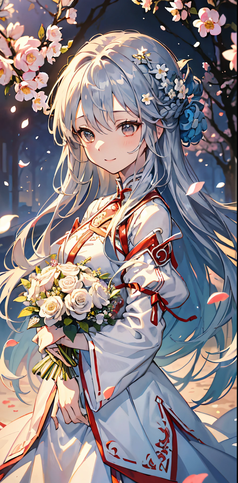 (​masterpiece、top-quality、illustratio、Extremely high quality、high-level image quality、Extremely sensitive writing)Girl with long silver hair standing in beautiful flowery garden、A slight smile、She has a large bouquet、Cute national costume style dress with ruffles on the shoulders、Hair fluttering in the wind, asuna yuuki,