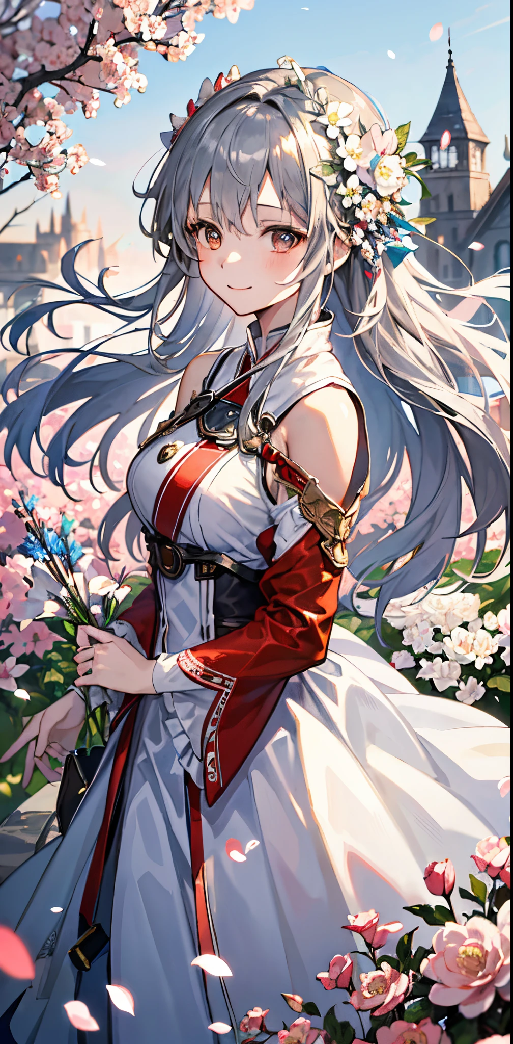 (​masterpiece、top-quality、illustratio、Extremely high quality、high-level image quality、Extremely sensitive writing)Girl with long silver hair standing in beautiful flowery garden、A slight smile、She has a large bouquet、Cute national costume style dress with ruffles on the shoulders、Hair fluttering in the wind, asuna yuuki,