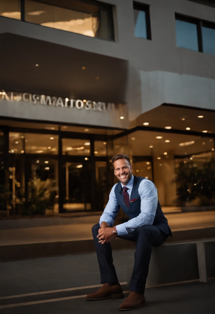 A photo of a sleek and modern office building at night,original,Bryce Hamilton, a quintessential Sand Hill Road venture capitalist, is always seen in his trademark Patagonia vest, a staple even in the summer heat, paired with crisp, casual chinos and a button-down shirt, embodying the classic Silicon Valley investor look. His appearance is meticulously groomed, from his styled hair to his polished, yet approachable, smile, projecting an image of success and confidence.