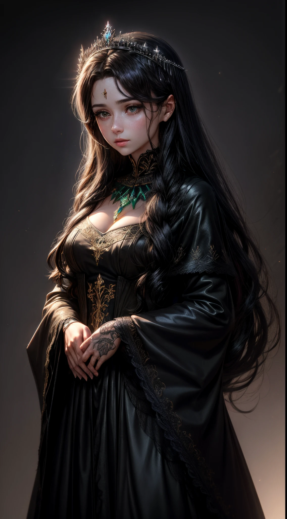 Elowen is a 25-year-old woman with long black hair that falls in waves over her shoulders.., standing out against her pale skin, Your eyes are like deep emeralds, The skin is pale and blemish-free, giving it an ethereal appearance. Sua tez destaca-se ainda mais pela intensidade dos olhos verdes. Elowen possui uma estatura graciosamente alta, mantendo-se altivo e elegante em sua postura. Trajes reais elaborados, adorned with symbolic details of the kingdom, Valorize sua beleza natural. Elowen usa joias importantes, A diadem of rubies adorns her head, um colar com uma esmeralda muito bonito.