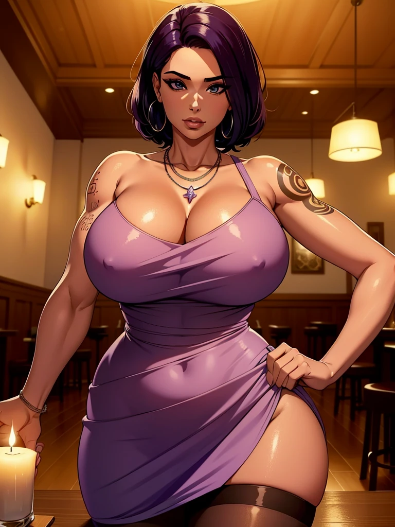 MILF, uma mulher, seios grandes, seios gigantescos, Seios enormes, Mature female, seios pesados, short hair, Cabelos prateados, light-skinned female, vestido estampado, vestido grosso, pantyhose under dress, violet scarf, olhos alaranjados, bunda grande, Curvilinear waist, breasts resting on the arms, arms under breasts, Looking at the Viewer, rosto corado, bra edges on dress, decote sensual, seios cheios, breasts larger than the head, Face Madura, curvy female, sentada em uma cadeira de restaurante, seios lactantes, in the nighttime, candle lighting, focada no visualizador, hands on the table, com os peitos apoiados sobre a mesa, Elegant necklace over neck, adornos chamativos pelo corpo, tribal tattoo on the neck, com uma presilha no cabelo, com uma flor negra presa no cabelo, cabelo colorido, tatuagem sobre os seios, sentada em frente ao visualizador, Selfie, celular ao lado sobre a mesa