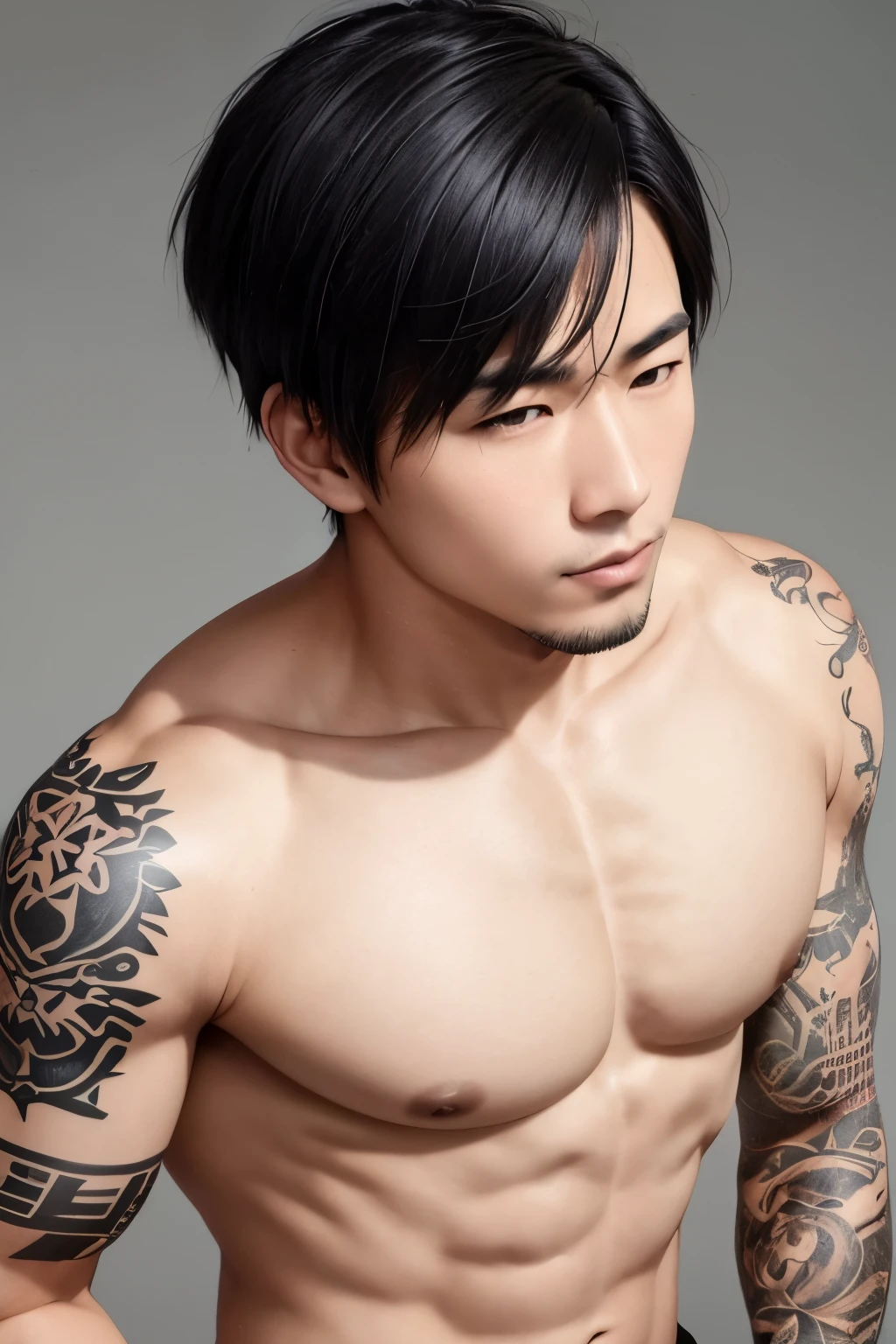 Asian man, white skin with tattoos on his body and black hair