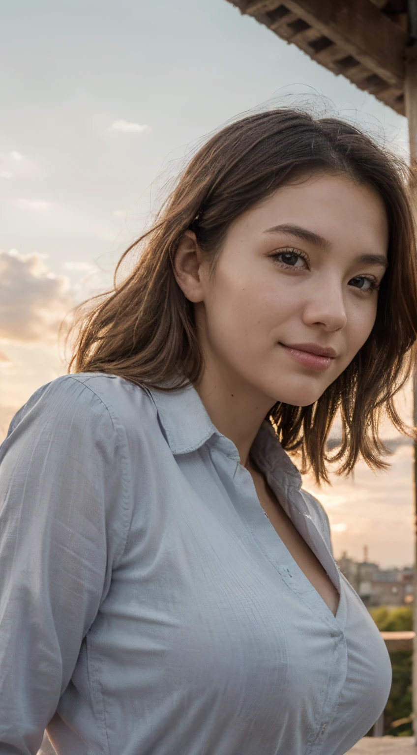 (best quality,4k,8k,highres,masterpiece:1.2),ultra-detailed,(realistic,photorealistic,photorealistic:1.4),low angle portrait,seen from below,beautiful faces,simmetricaly face feature,detailed blue grey eyes,a japanese girls,wearing wet button shirt,long sleeve,perfect droopy boobs,saggy breast,slim fit body, abs,middle of city,sunset,warm golden light,windy day,a bit smiles,flowing hair,delightful atmosphere,vivid colors,natural and peaceful setting,serene horizon,summer vibes,tranquil moments,endless happiness