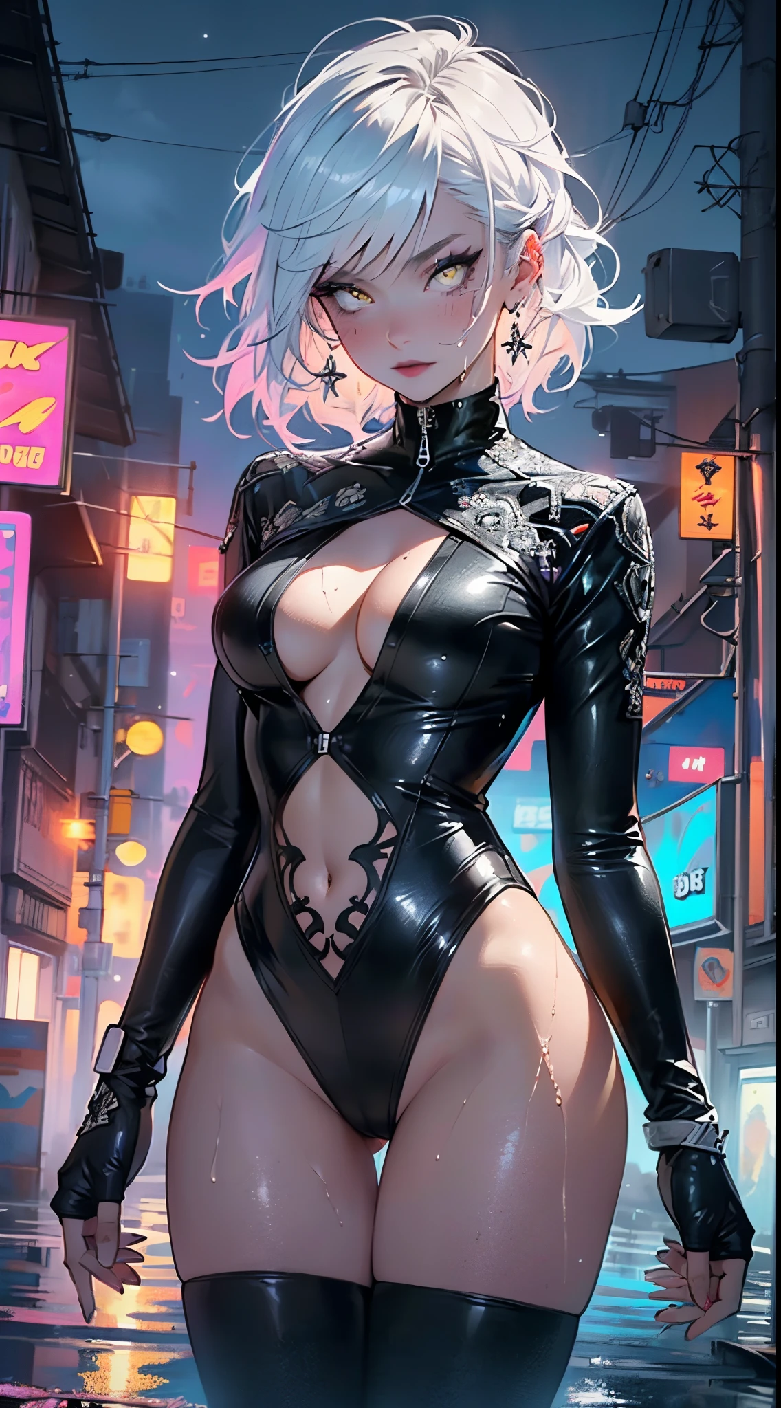 girl sith,(((1girl))),((beautiful goth girl)),
(large breasts:1.4),((freckles)),((black hair, bangs,)),(((yellow_eyes:1.3))),intricate eyes,beautiful detailed eyes,symmetrical eyes,((slender)),(((lustrous skin:1.5,bright skin: 1.5,skin tanned,shiny skin,very shiny skin,shiny body,plastic glitter skin,exaggerated shiny skin,illuminated skin,wet legs))),(spider lower abdomen,narrow waist,wide hip,athletic body,inflated legs,detailed body,(detailed face)),((tattoos,body tattoos)),
cute,slutty,seductive,erotic,(((nsfw))),
zettai ryouiki,revealing clothing,show skin,((((underboob)))),((cleavage)),(semi-naked,with little clothing),(black lipstick, black eyeshadow,goth makeup),(((wet clothes,intricate outfit,intricate clothes))),
(dynamic pose:1.0),solo focus,embarrassed,(centered,scale to fit dimensions,Rule of thirds),
cyberpunk city by the ocean at night, with bright neon signs and dark stormy clouds and puddles, scenery:1.25,nighttime, starry night, cosmos,Very dark night that makes the neon lights stand out, very bright neon lights,nighttime, starry night, cosmos,
artistic photography,(photography taken by sldr),highres, sharp focus,(ultra detailed, extremely detailed), (photorealistic artwork:1.37),(extremely detailed CG unity 8k wallpaper),((synthwave background theme)),(((vibrant colors))),intricate,(intricate background),(masterpiece),(best quality),perfect rendered face,perfect face details,realistic face,photo realistic,analog style,((intricate detail)),(((realism))),