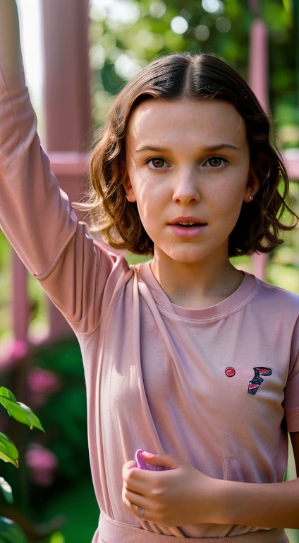 mbb, millie bobby brown, preteen star, , portrait of American girl, happy, wearing t-shirt , (((orgasm))), (((( masturbating herself)))), seduce pose, background garden epic (photo, studio lighting, soft light, sony a7, 50 mm, matte skin, pores, colors, hyperdetailed, hyperrealistic),