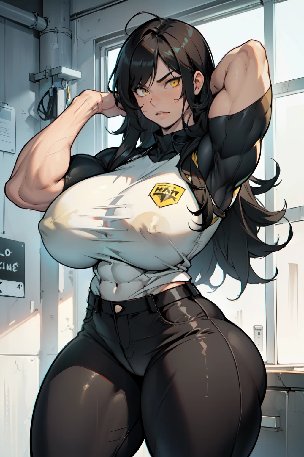 ((((muscular 1girl)))) ((((thick thighs toned body huge breasts)))) (pale skin) black hair yellow eyes very long hair tight shirt tight pants