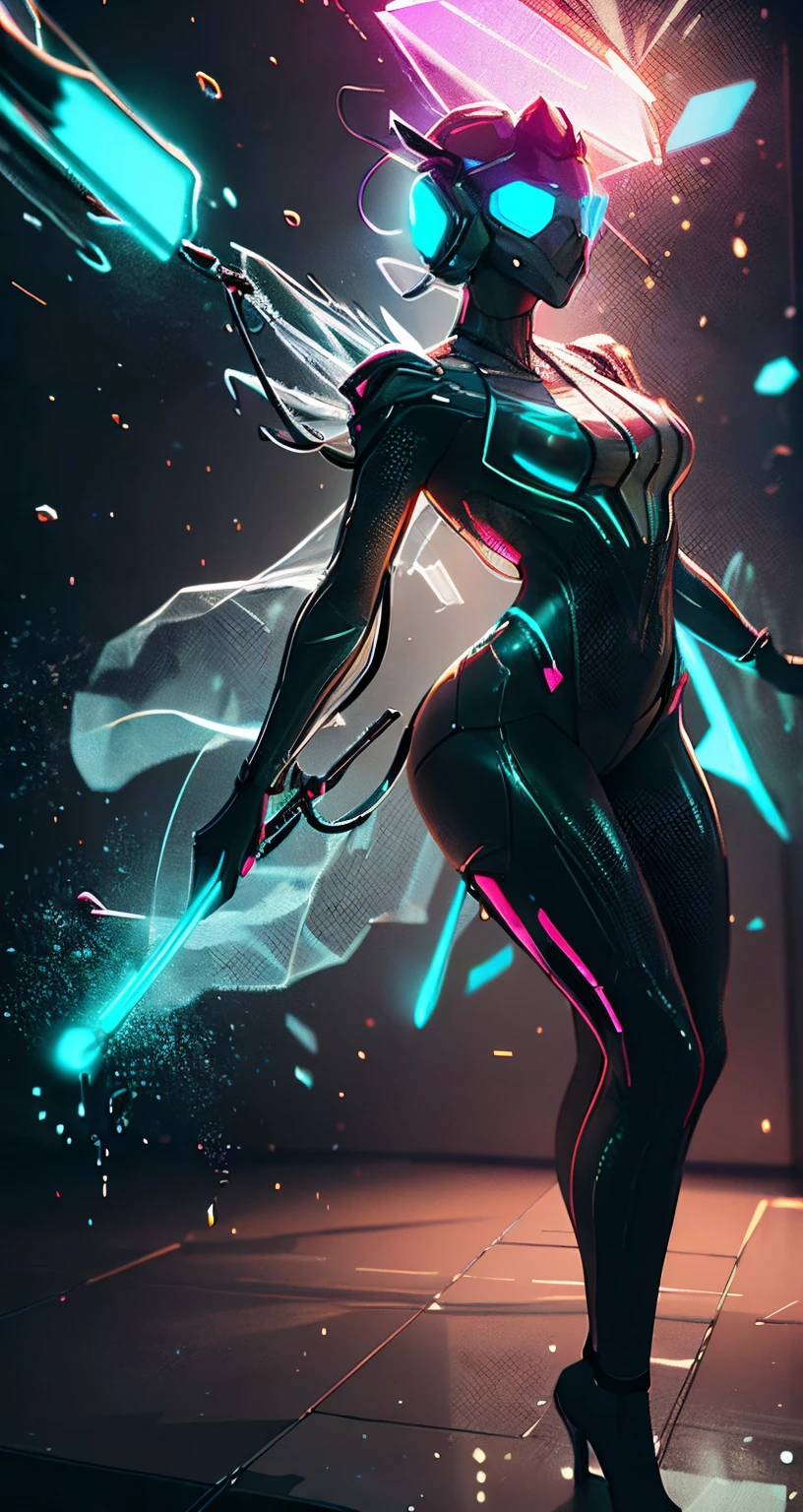 a glowing head made of glass and a glowing body made of glass, full body, long legs, amazing particles pulling out of the glass head and body, like droplets of glass floating, 8k highly detailed digital art, intricate artwork, octane render, mind-bending digital art, breathtaking digital art, 3d digital art, 8k hd wallpaper, volumetric lighting, highly reflective glass particles