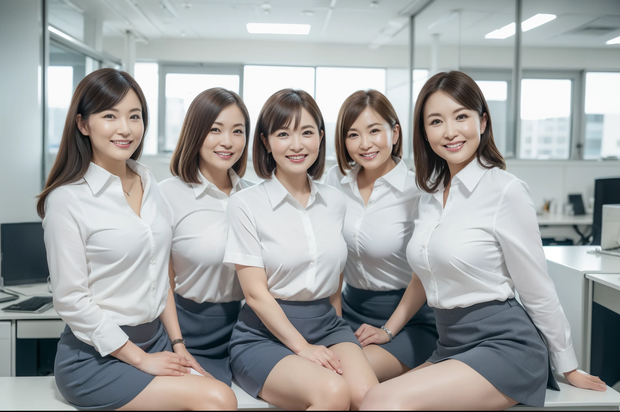 ((Best Quality, 8k, Masterpiecedetails, ultra-high resolution)), (group picture), (looking at the viewer), (fmiddle shot:), attractive business 5 milfs, 5 people, a bit chubby:0.25, white collared shirt, grey skirt, (sitting with cross legs on office desks)), smile, office of CEO,