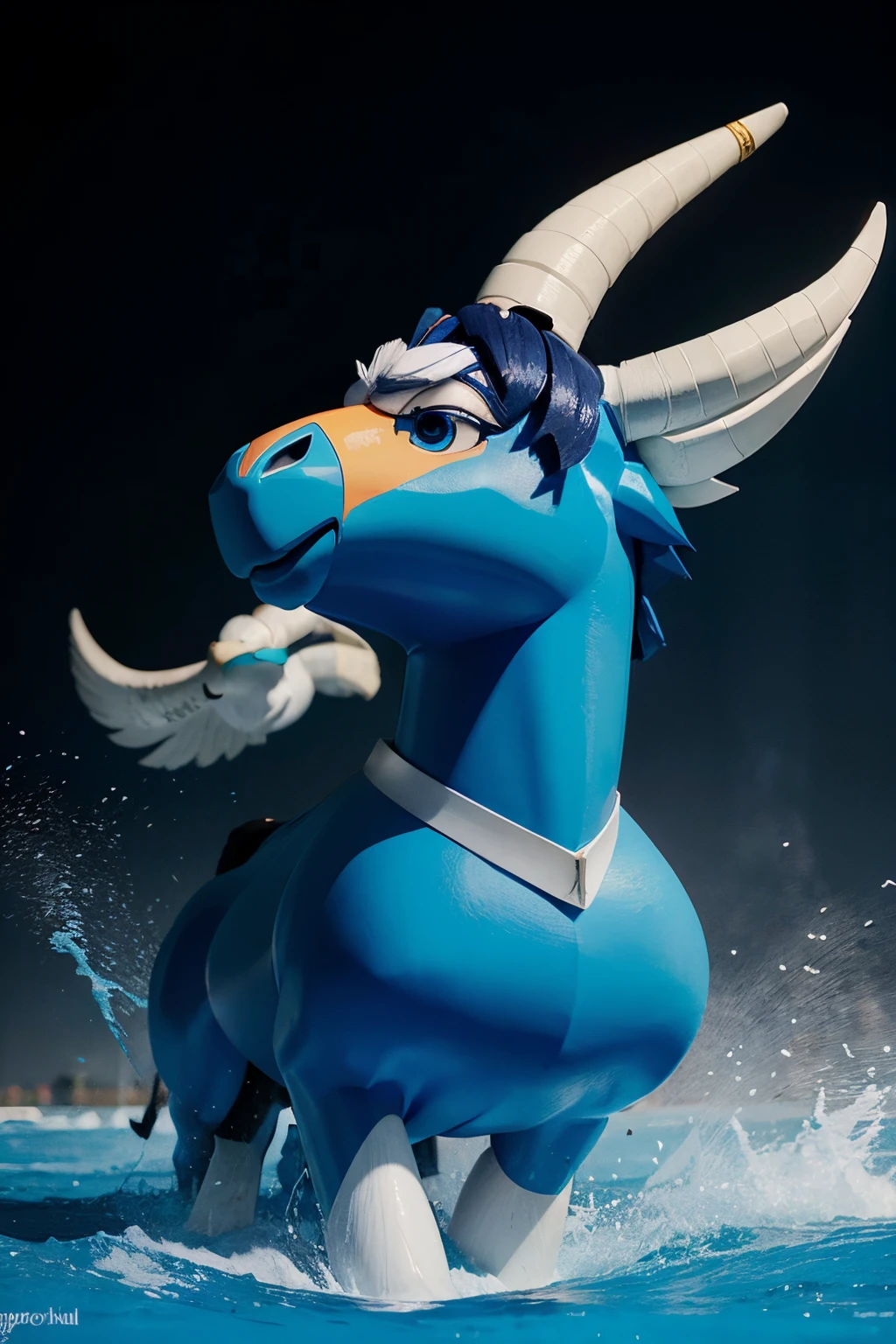 make a horse with a bull's horn and eagle's wings with cartoon blue eyes