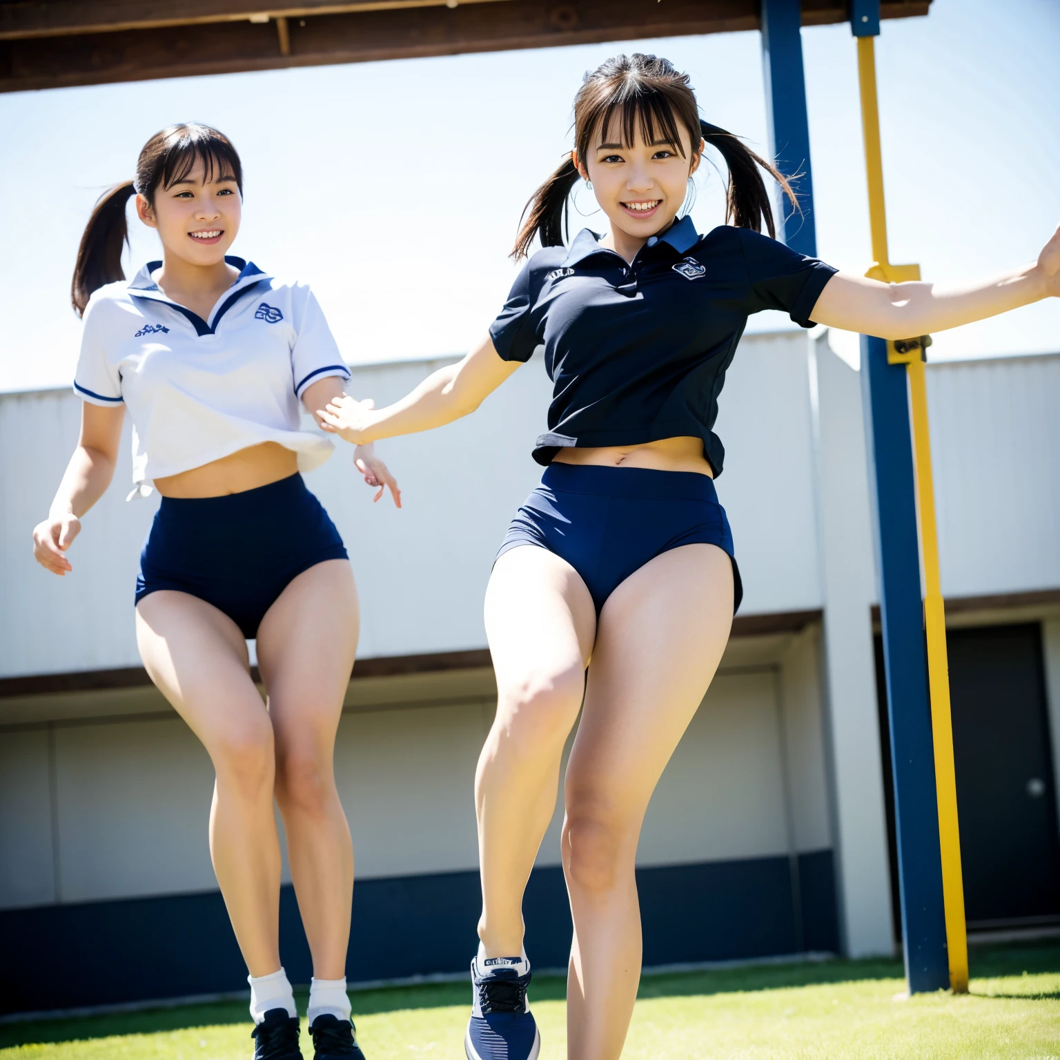 (((young Japanese girls jumping  wearing short sleeve high school uniform))),(full body shot:2),  natural lighting, ultra sharp focus,huge breasts, ((beautiful face)), wearing pantyhose