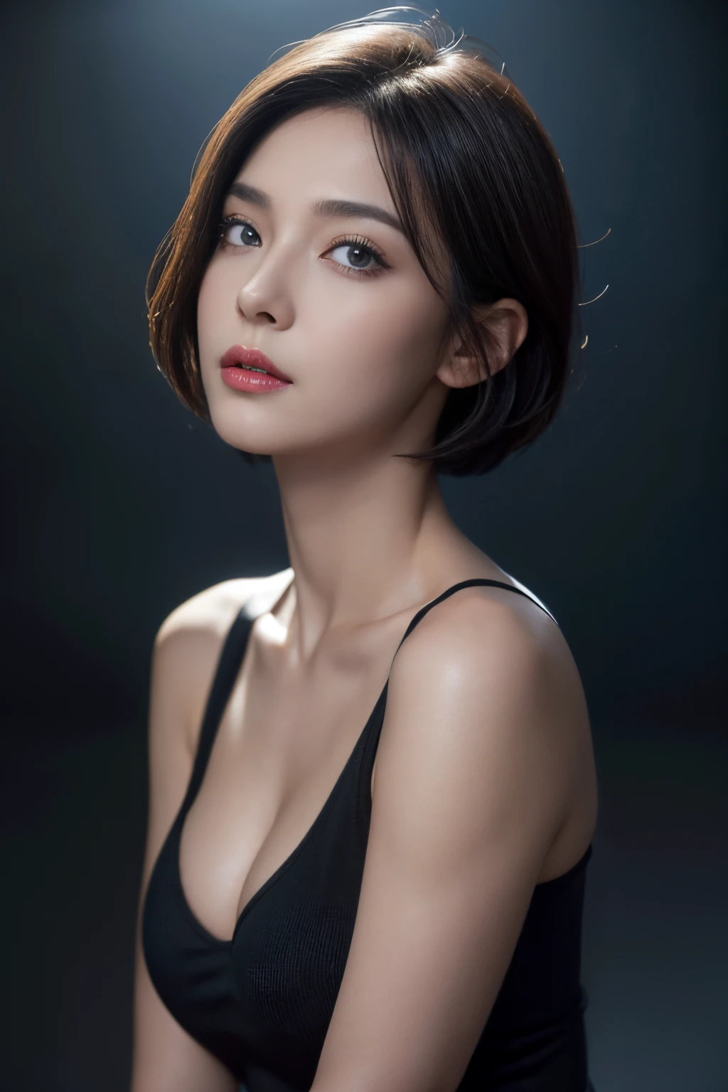 Skin Tight Black Top:1.2, Looking at Viewer, Cinematic lighting, Perfect, softlight, High resolution skin:1.2, Realistic skin texture, 30 years old mature woman、Realistic face,natural make up、Small face、 off shoulders, Exposed cleavage, Blue eyes, Short hair, dark brown hair、Bust B Cup、fullnude、