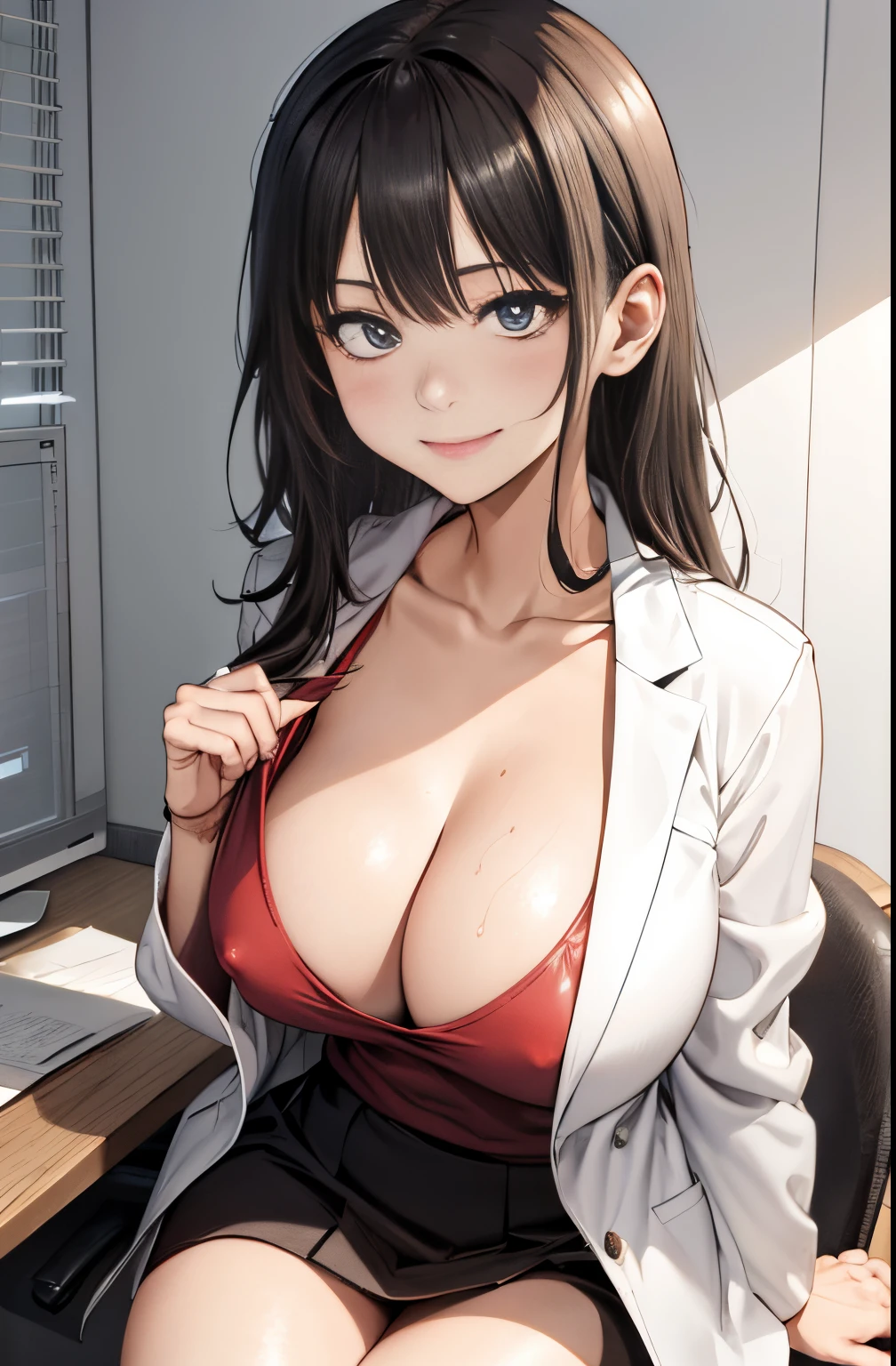 big anime girl sitting on a chair in the room, oppai, with a big chest, Teasing smile, Big breasts!!, Big breasts!, (SFW) safe for work, touching her clothes, cleavage, Revealing clothes, with large breasts, Chest covered、SFW, biomechanical oppai, Open V chest clothes, (doctor), Ecchi, Chic、Female doctor in white coat、