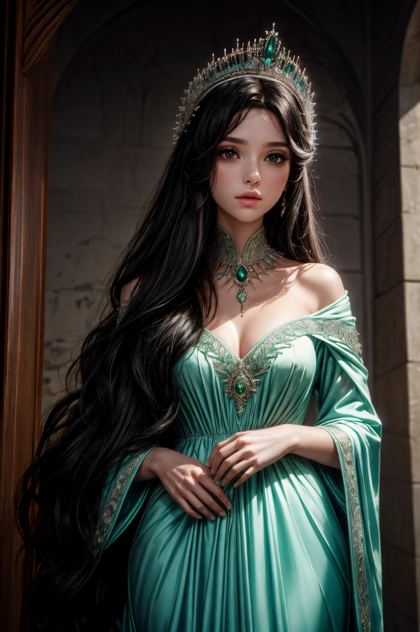 Elowen is a 25-year-old woman with long black hair that falls in waves over her shoulders, standing out against her pale skin.. The queen's eyes are like deep emeralds, Elowen's skin is pale and unblemished, giving it an ethereal appearance. Sua tez destaca-se ainda mais pela intensidade dos olhos verdes. Elowen possui uma estatura graciosamente alta, mantendo-se altiva e elegante em sua postura. Trajes reais elaborados, adorned with symbolic details of the kingdom, enhance your natural beauty. Elowen usa joias significativas, A diadem of rubies adorns her head, um colar com uma esmeralda muito bonito.