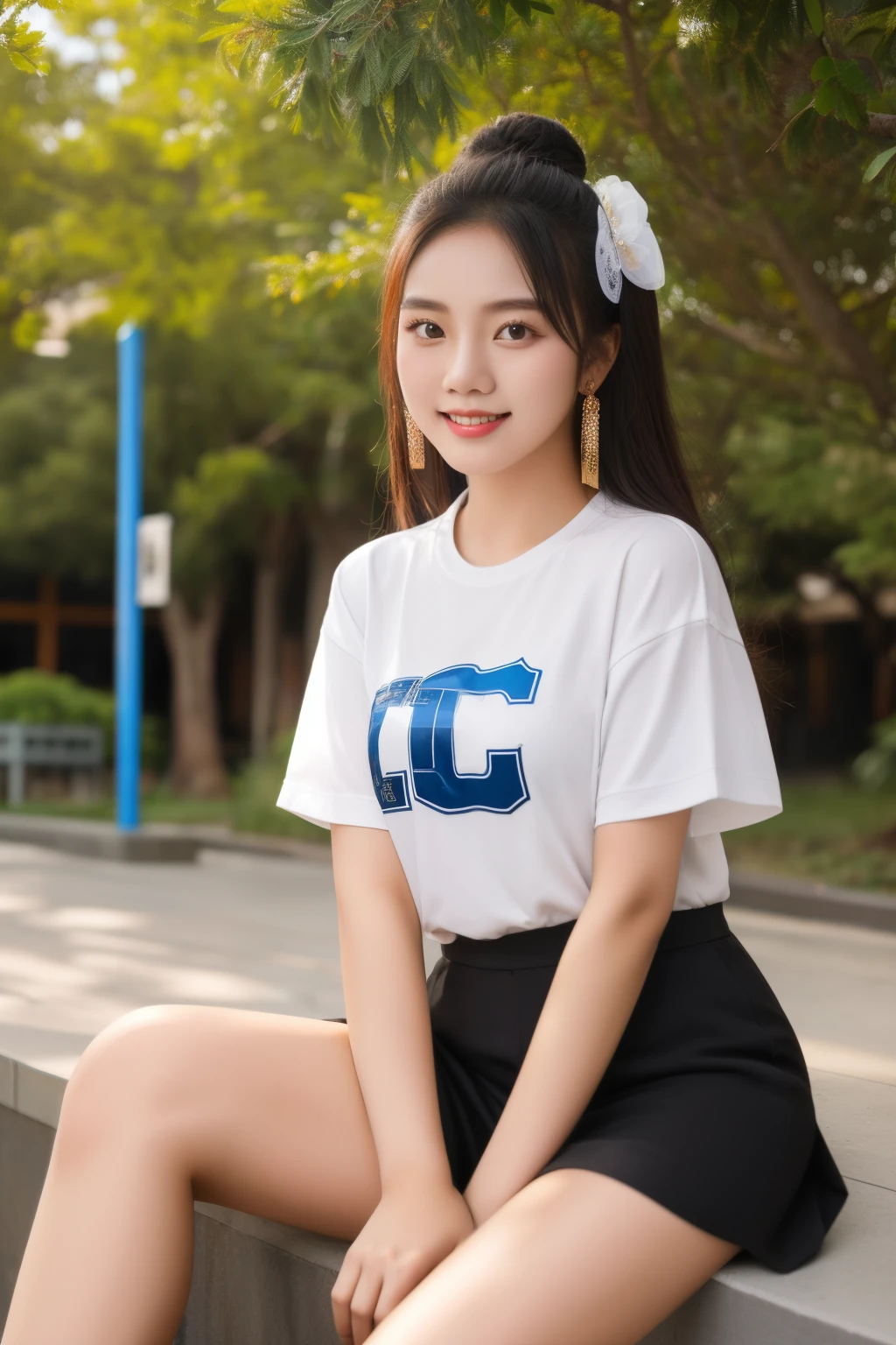 8k, highest quality, ultra details, Chinese-Indonesian campus idol named Evelyn, active in student organizations, leading and empowering her peers to create a positive impact.