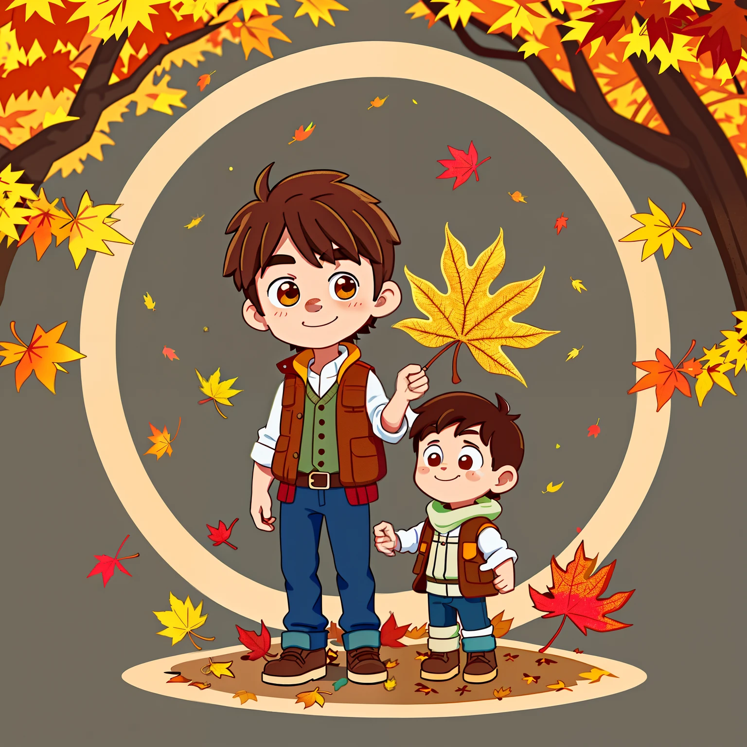 Brunette boy,put on autumn clothes,autumnal(Wearing vest cover)(hold love in hands)Wandering among the maple trees,maple leaf,maple,Colored leaves,in the early morning,(There is love)Happy,Surrounded by love,Surrounded by love,O sign,vector,line art,designs,inspiration,straight line,RHAD