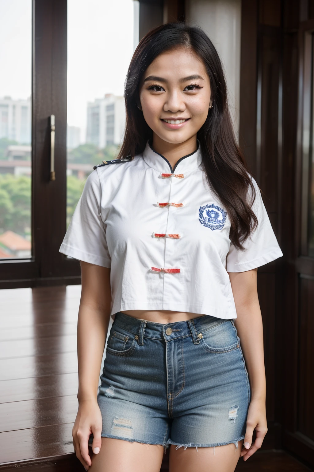 8k, highest quality, ultra details, Chinese-Indonesian campus idol named Evelyn, active in student organizations, leading and empowering her peers to create a positive impact.