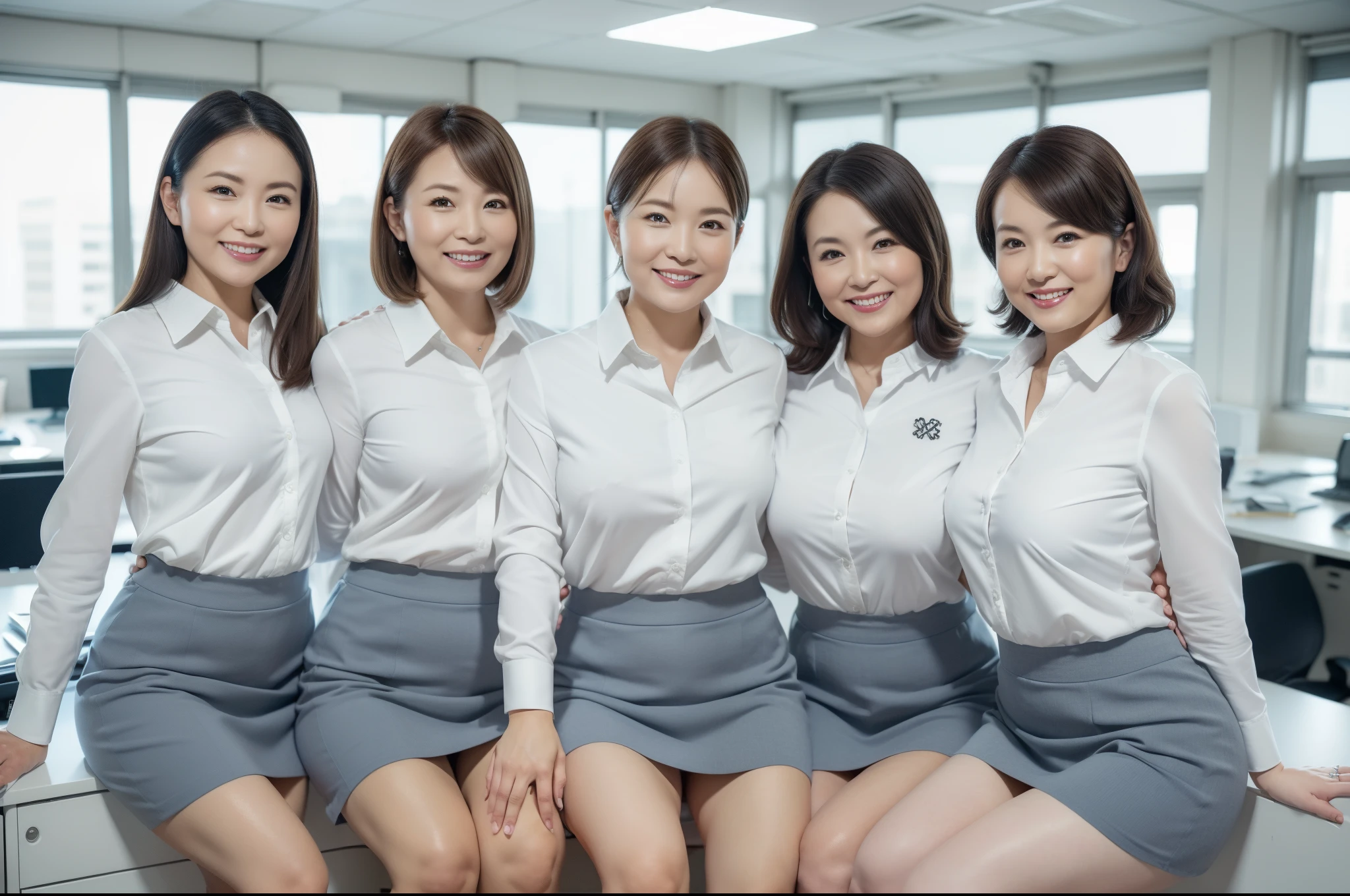 ((Best Quality, 8k, Masterpiecedetails, ultra-high resolution)), (group picture), (looking at the viewer), (fmiddle shot:), attractive business 5 milfs, 5 people, a bit chubby:0.25, white collared shirt, grey skirt, (sitting with cross legs on office desks)), smile, office of CEO,