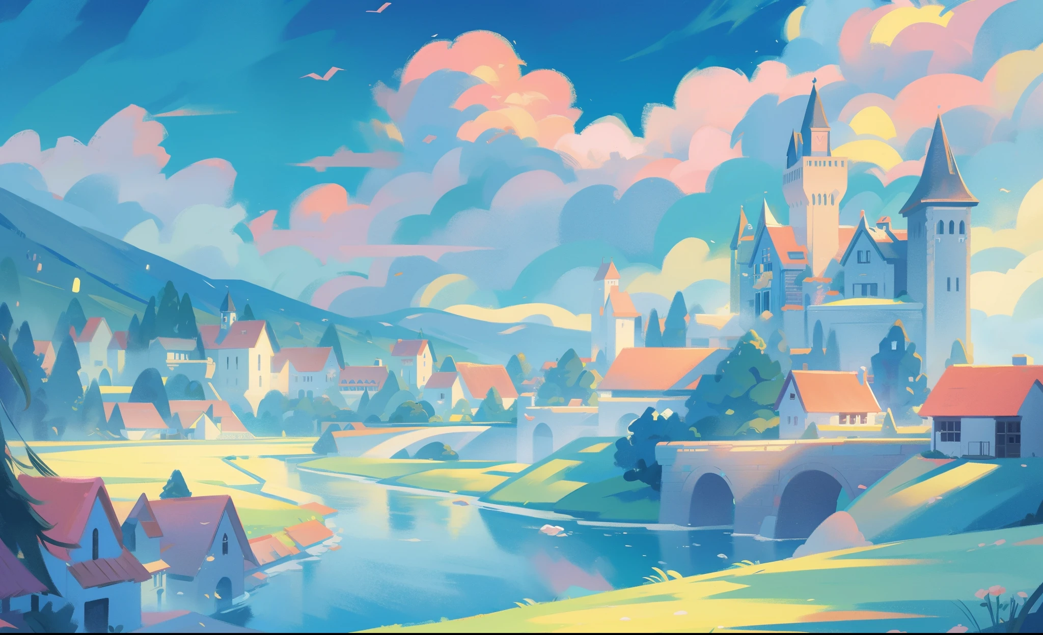 picture book illustration, watercolor storybook illustration, princess castle, fairytale castle, fairytale towers, clouds, vibrant pastel colors, dream, colorful, whimsical, magical, masterpiece, best quality, sharp focus, intricately detailed environment, fine detail, 8k resolution