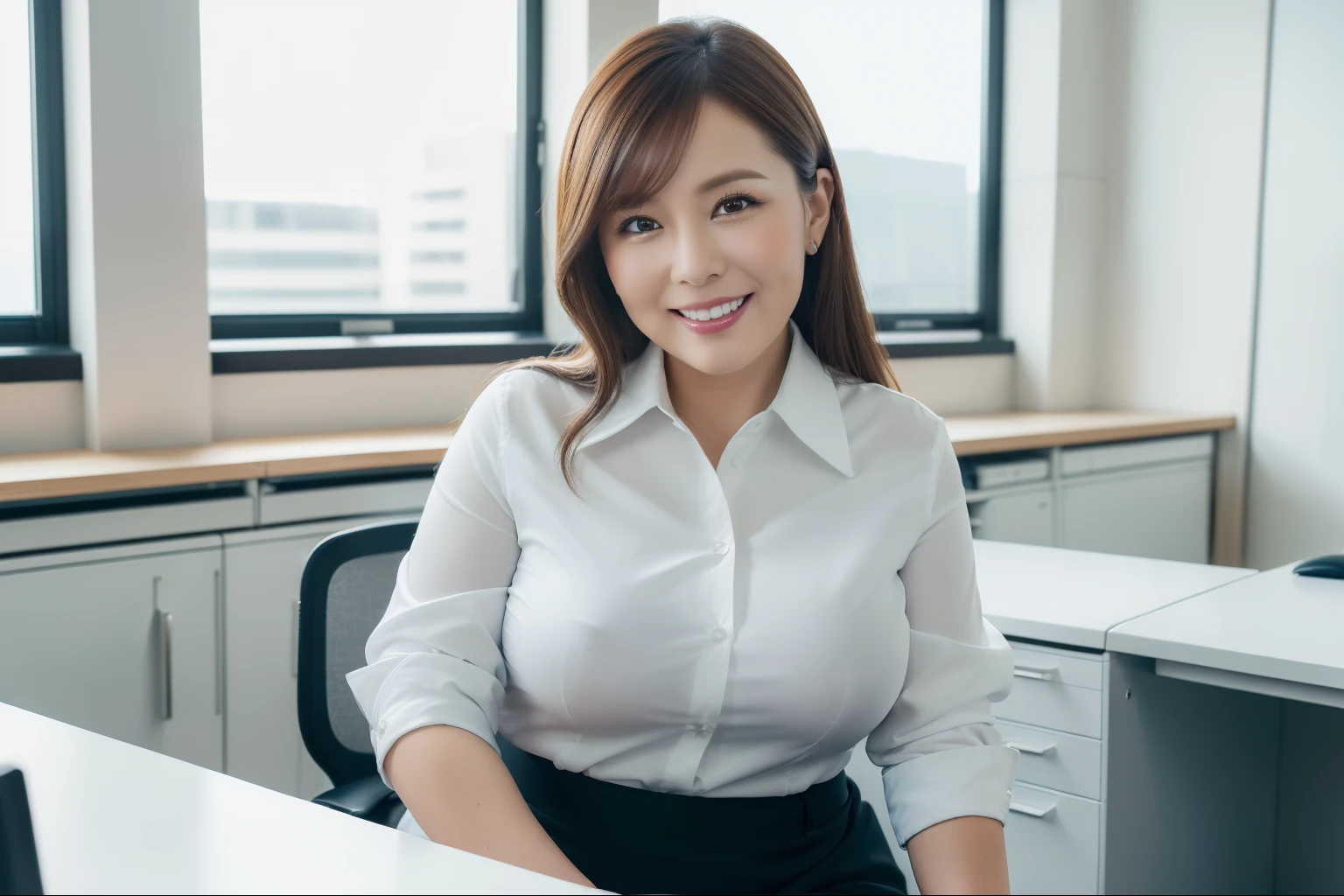 ((Best Quality, 8k, Masterpiecedetails, ultra-high resolution)), (looking at the viewer), (full shot:), attractive business 5 milfs, 5 people, a bit chubby:0.25, white collared shirt, grey skirt, (sitting with cross legs on office desks)), smile, office of CEO,