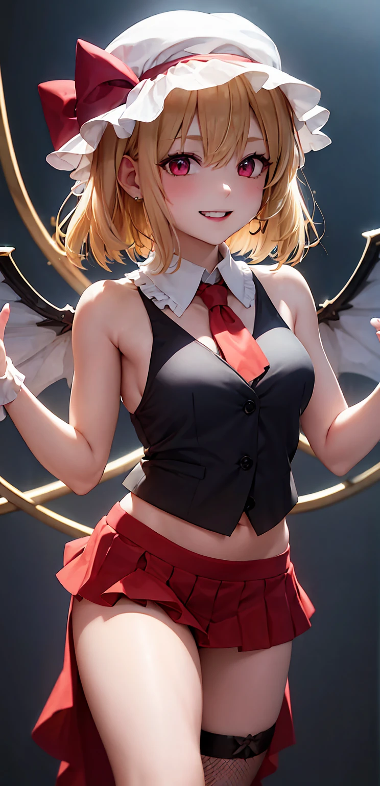 best quality, masterpiece, highres, solo, {night:1.10}, {starry sky:1.10}, beach, beautiful detailed sky, {extremely detailed background:1.20}, {flandre_scarlet_touhou:1.15}, {standing:1.10}, looking at viewer, {bikini:1.30}, blonde_hair, wings, red_eyes, crystal, bangs, hat, one_side_up, ribbon, mob_cap, bow, blush, smile, vest, white_headwear, red_vest, ascot, hair_between_eyes, red_bow, red_ribbon, upper_body, hat_ribbon, yellow_ascot, short_hair, light smile, huge breasts, cleavage, fishnet, goth, black lipstick, fishnet dress, fishnet pantyhose, evil, muscular arms, muscular midriff, abs, muscular thighs, sixpack